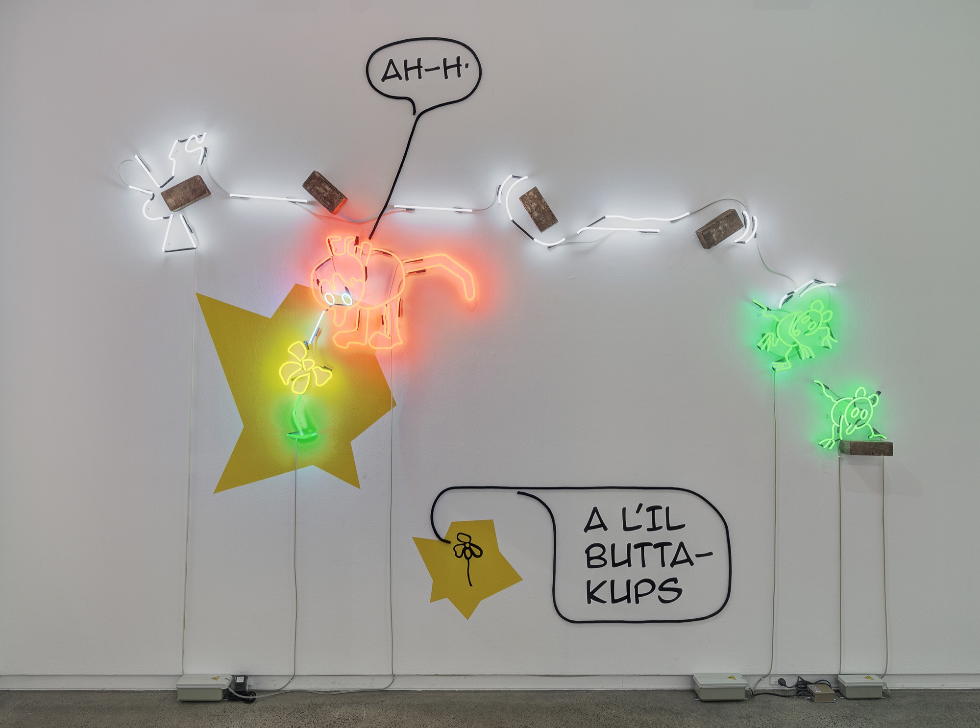 Janet Burchill and Jennifer McCamley, <em>Bricks and Buttercups</em>, 2016. Neon tubing, electrical components, rope, firebricks, vinyl, synthetic polymer paint, 410 x 400 cm. Photograph: Christian Capurro.