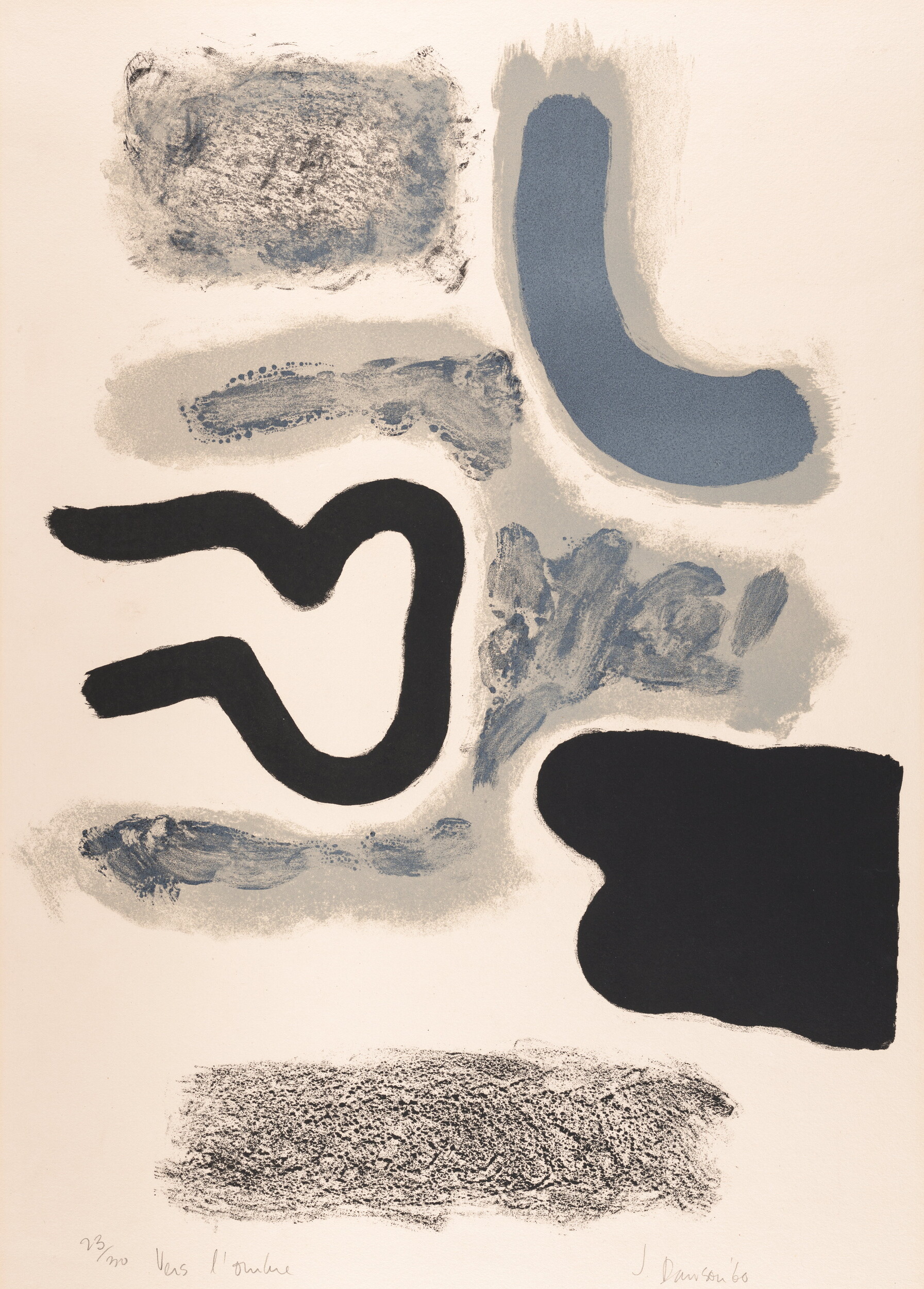 <p>Janet Dawson, <em>Vers l’Ombre (Towards the Shadow)</em>, 1960, lithograph, printed in grey, blue and black ink, from three stones, 72.6 x 53.3 cm. Art Gallery of New South Wales, purchased 1961. © Janet Dawson.</p>