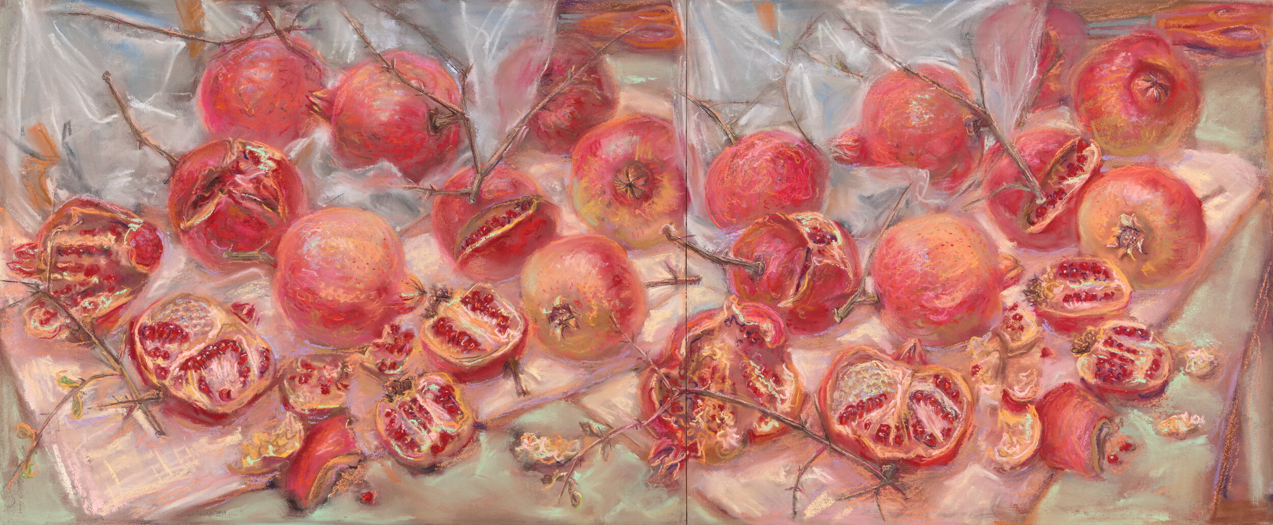 <p>Image 8: Janet Dawson, <em>Scribble Rock Pomegranates,</em> 1999, diptych: pastel on two sheets of primed paper on board, 33.5 x 80.4 cm. Art Gallery of New South Wales, purchased with funds provided by the Arthur Boyd Acquisition Fund 1999. © Janet Dawson.</p>