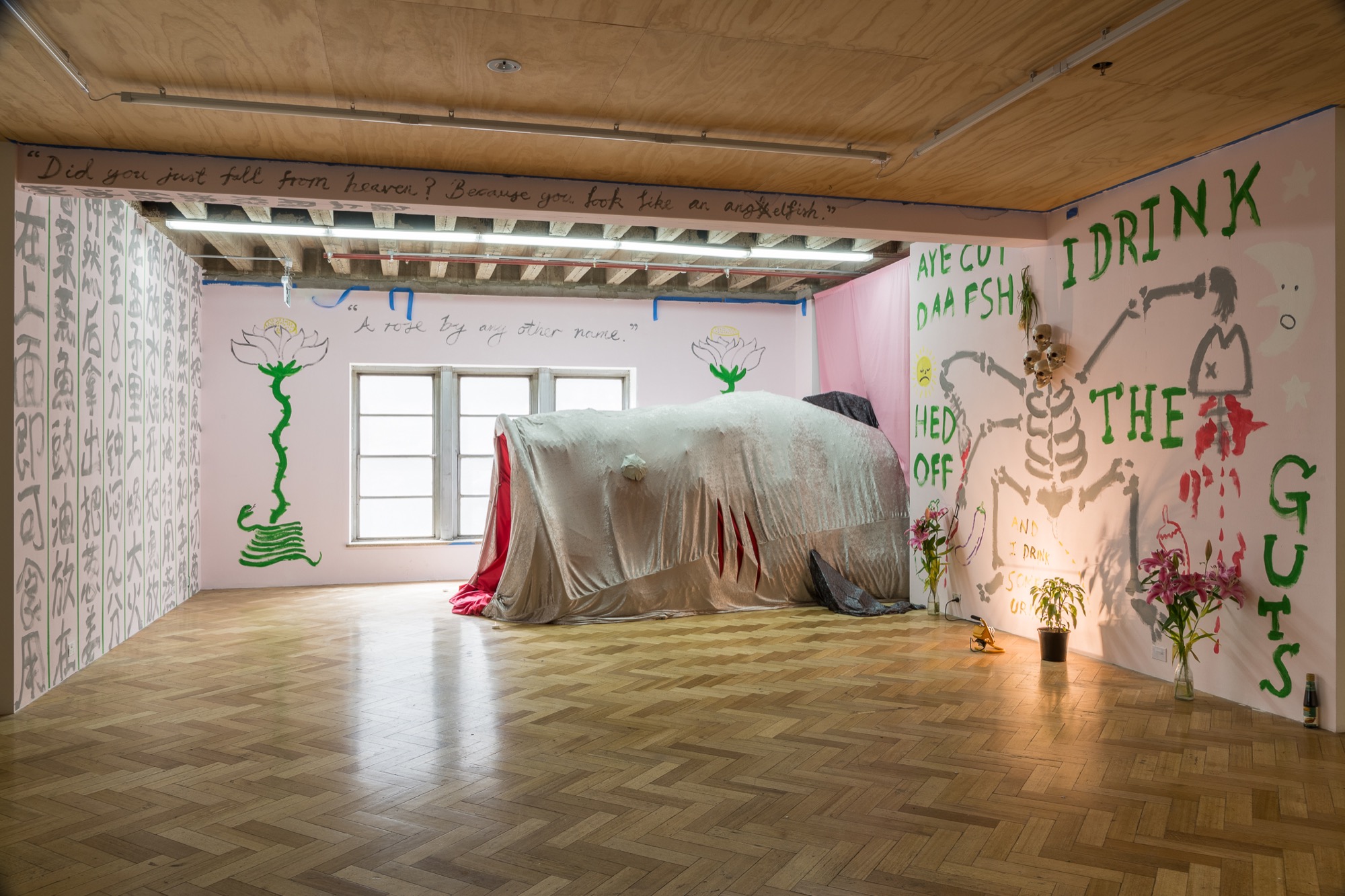 Jason Phu, <em>My Parents Met at the Fish Market</em>, 2017. Installation image, Westspace. Photo credit: Christo Crocker.