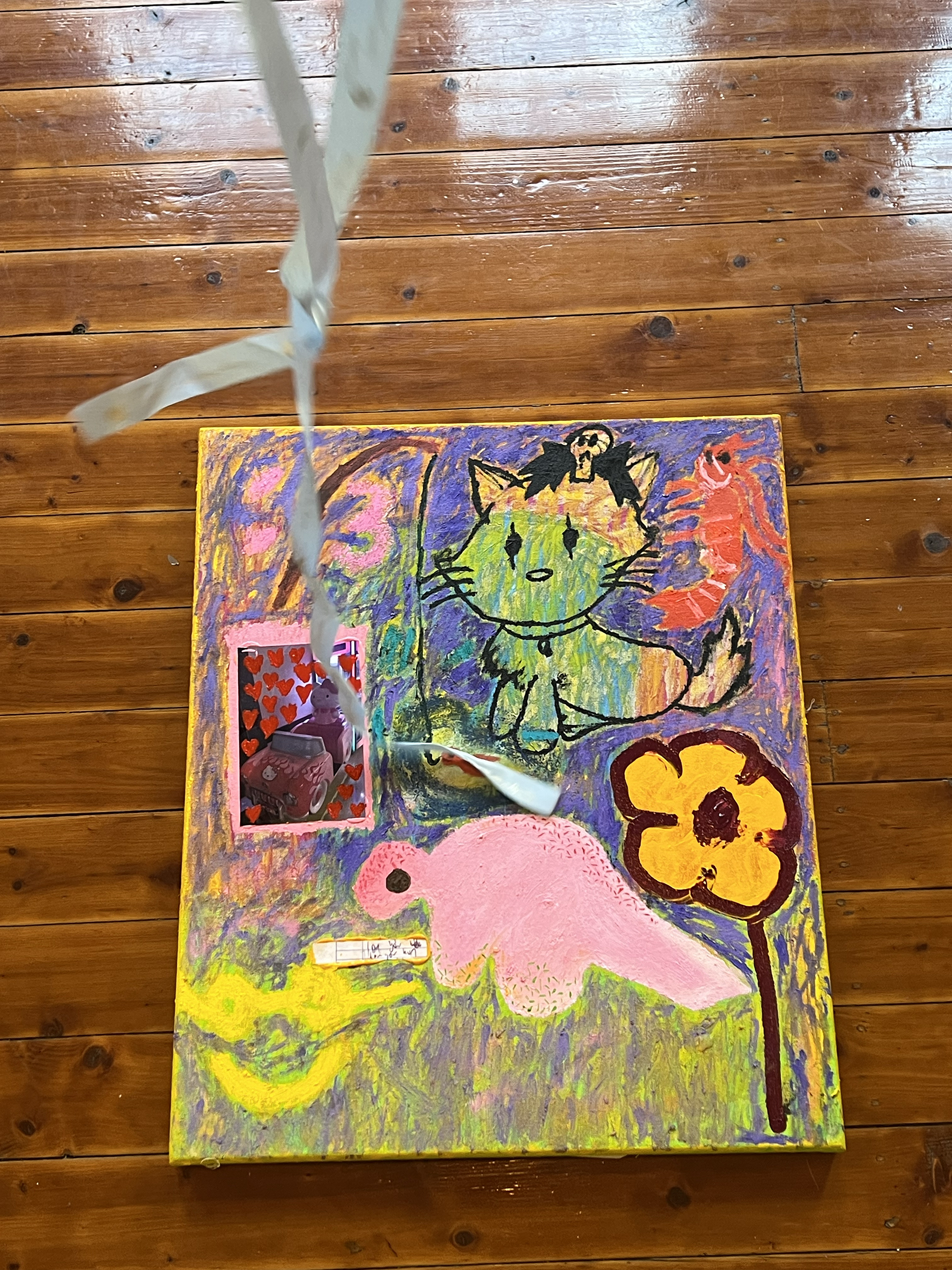 Jemi Gale, <em>forever + ever</em>, 2022, acrylic paint, oil paint, paint marker, nail polish, collage on stretched silk, 61 cm x 51 cm. Image courtesy of Suite7a