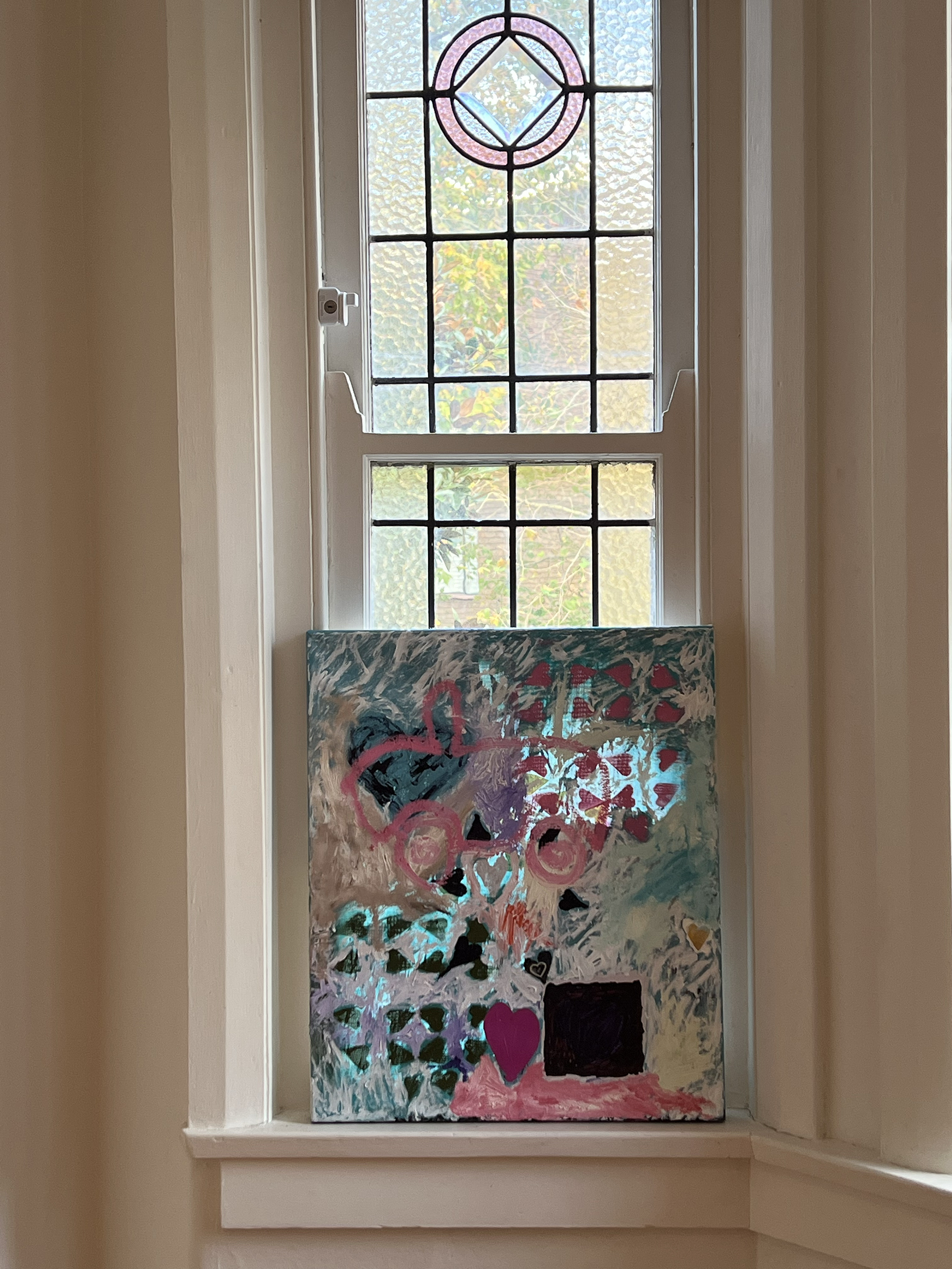 Jemi Gale, <em>the only way out is through / and all i want is you (heart practice)</em>, 2022, acrylic paint, oil paint, nail polish, spray paint, collage, heart charm on stretched silk, 61 cm x 51 cm. Image courtesy of Suite7a