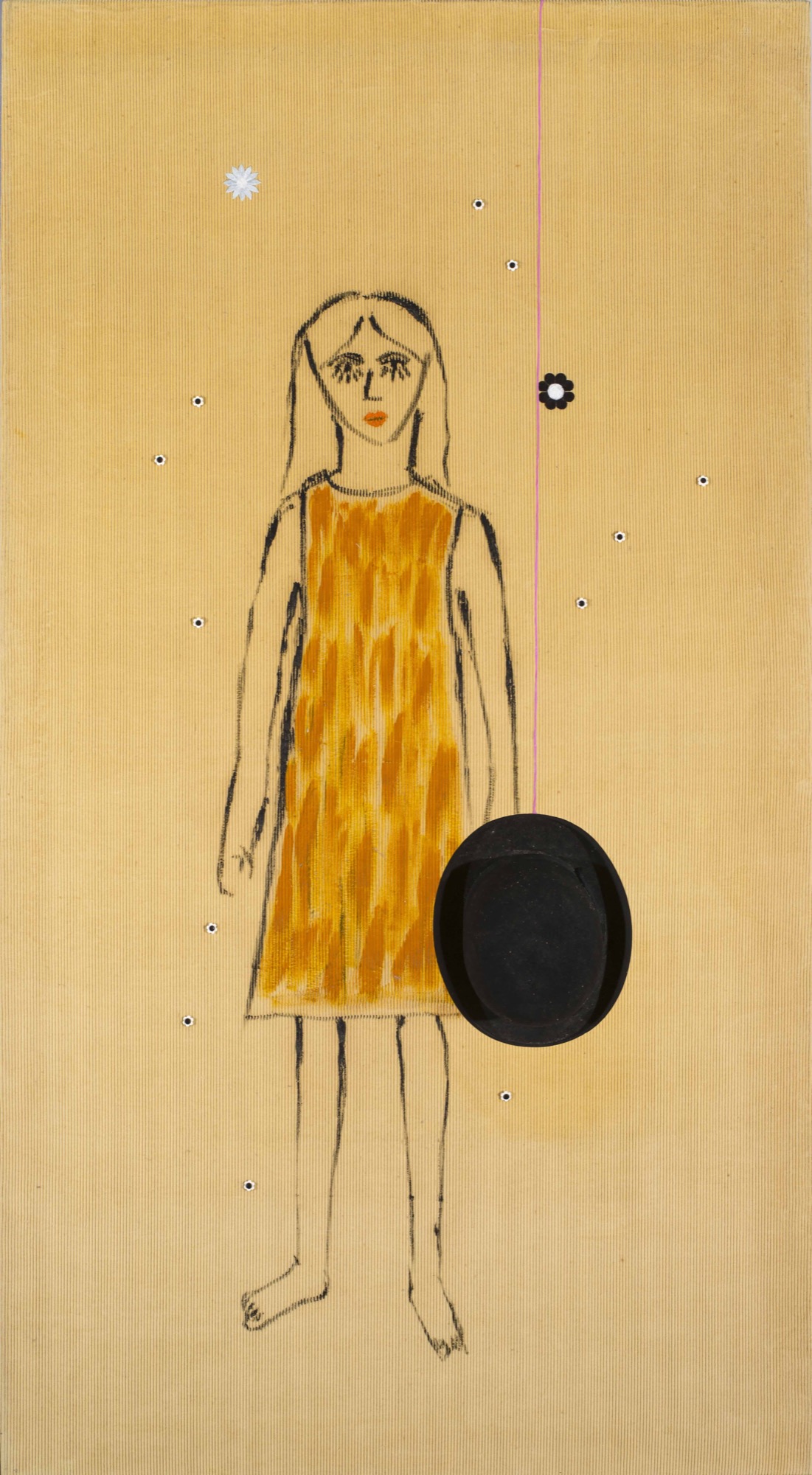 Jenny Watson, <em>Flower Child</em>, 1992-93, oil on corduroy with found bowler hat, Courtesy and © the artist. Photograph: Carl Warner