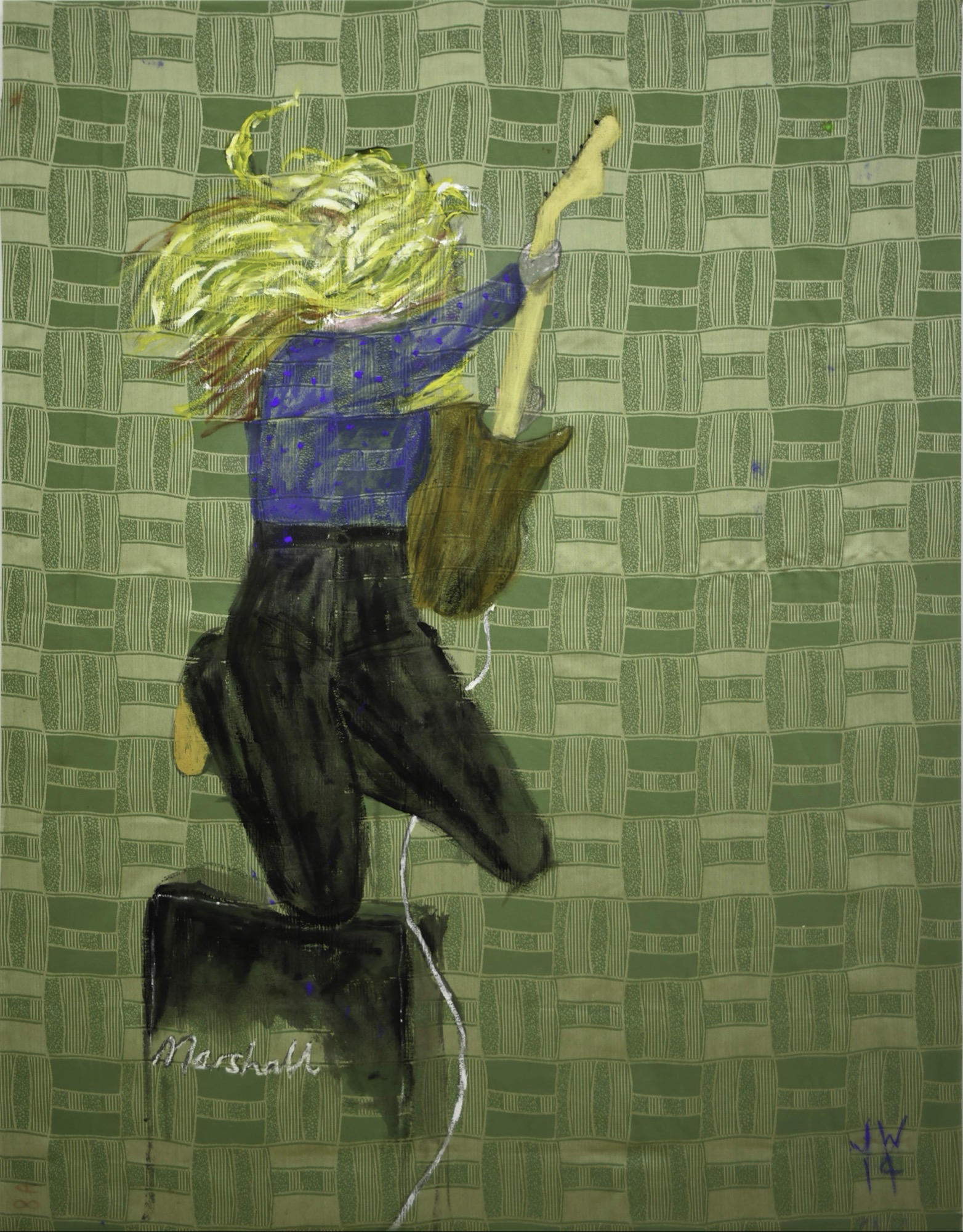 Jenny Watson, <em>Rock Star</em> (detail), 2014, oil, synthetic polymer paint and Japanese pigment on rabbit-skin-glue-primed damask; found toy. Courtesy the artist and Galerie Transit, Mechelen © the artist