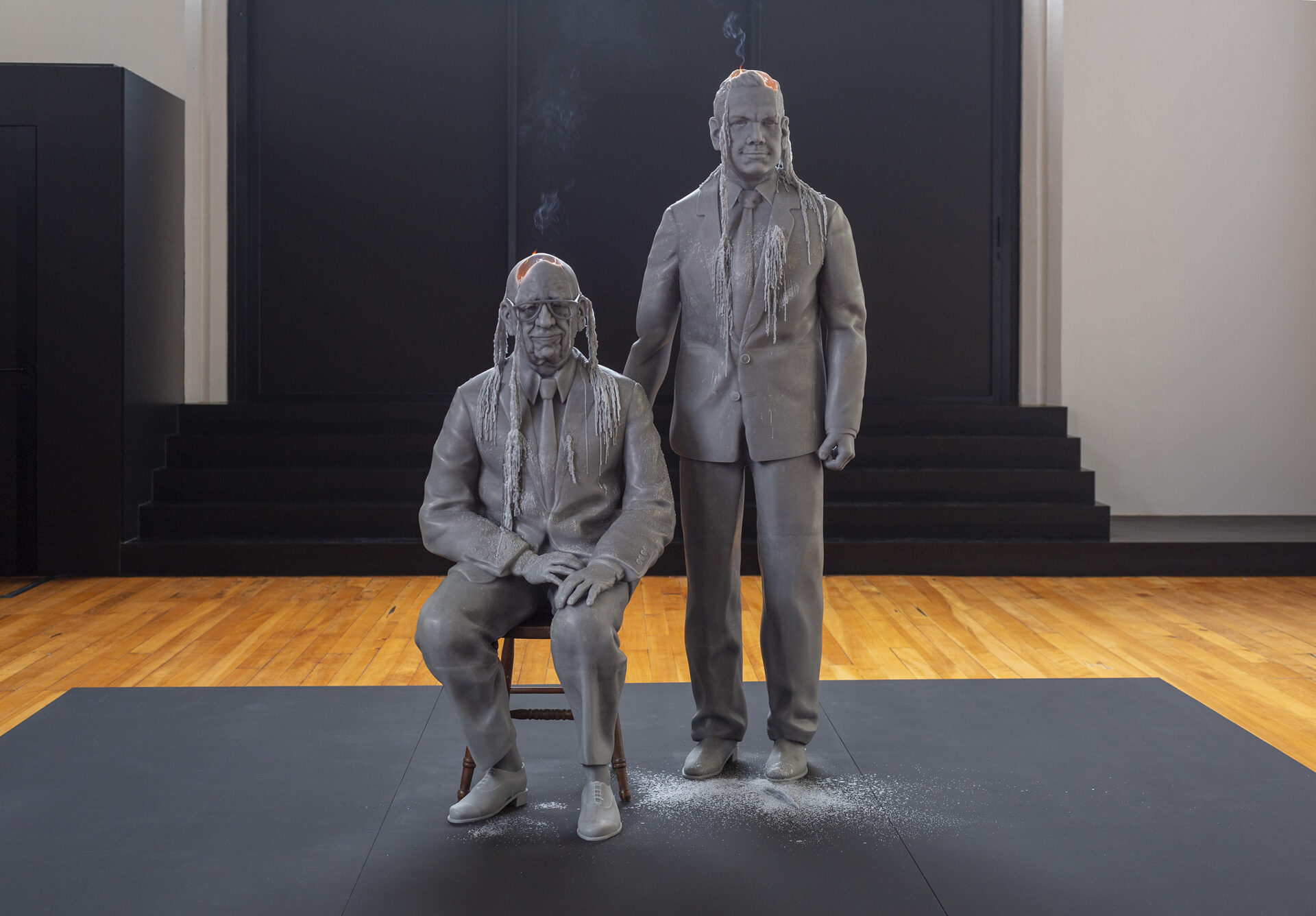 Jeremy Deller, <em>Father and Son</em>, 2021, time-based sculptural installation, wax, wood, wick and flame. Comissioned by ACCA. Courtesy of the artist and The Modern Institute, Glasgow. Photo: Christian Capurro.