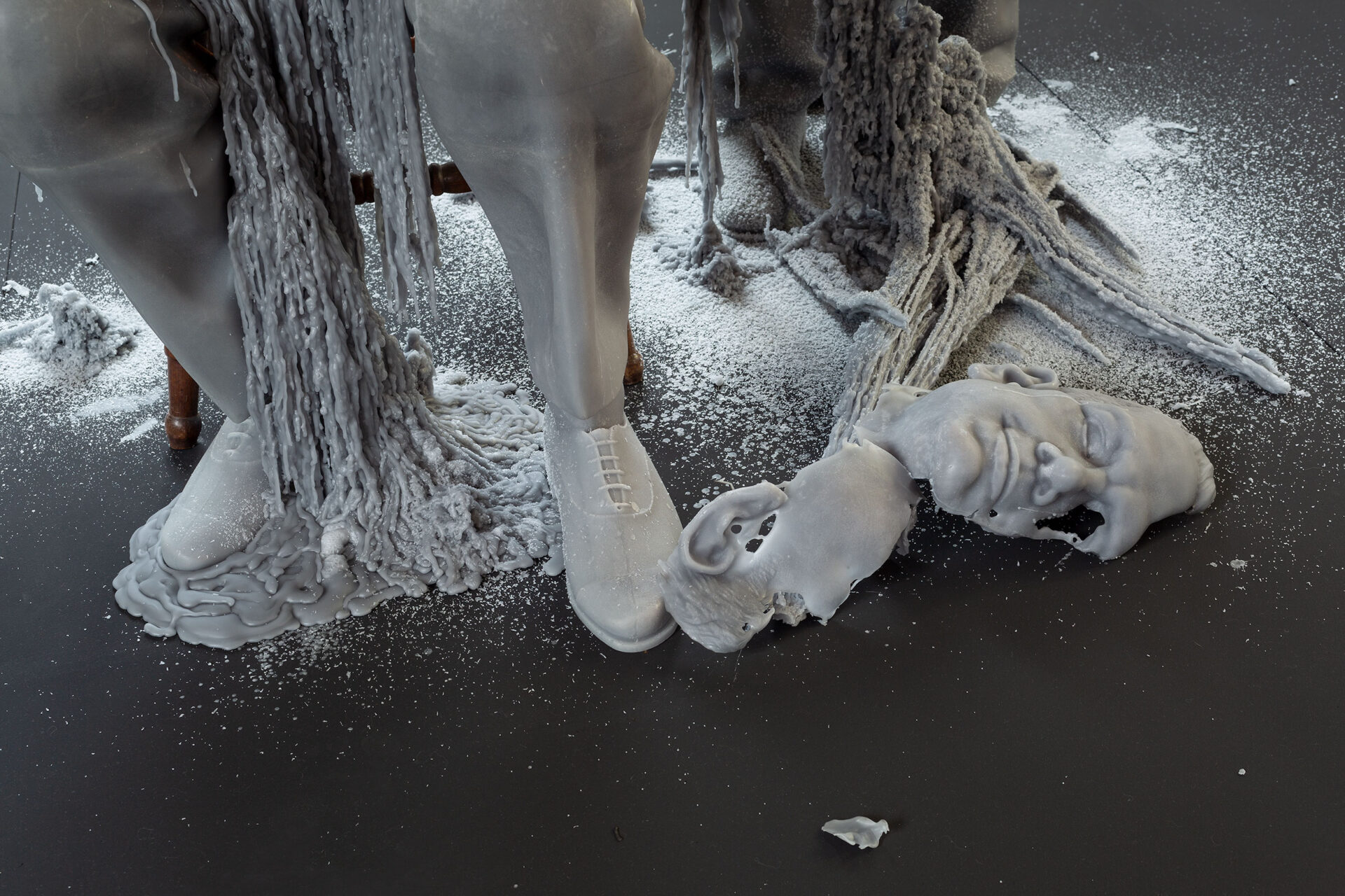 Jeremy Deller, <em>Father and Son</em>, 2021, time-based sculptural installation, wax, wood, wick and flame. Comissioned by ACCA. Courtesy of the artist and The Modern Institute, Glasgow. Photo: Christian Capurro.