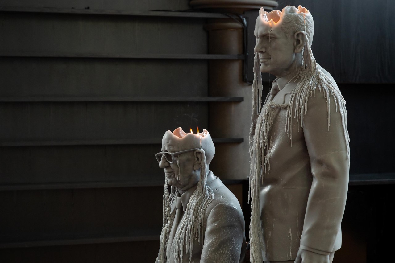 Jeremy Deller, <em>Father and Son</em>, 2021, time-based sculptural installation, wax, wood, wick and flame. Comissioned by ACCA. Courtesy of the artist and The Modern Institute, Glasgow. Photo: Christian Capurro.