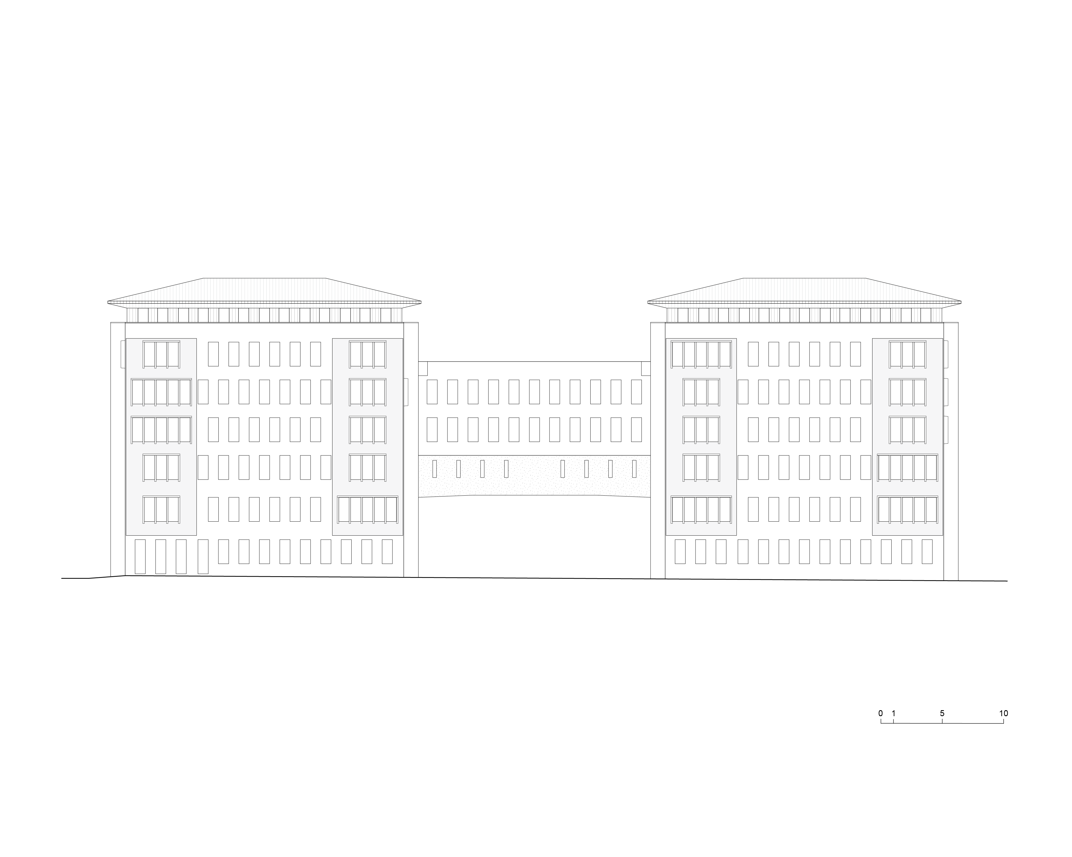 North facade facing the South Lawn. Elevation based on Roy Grounds’ and John Scarborough’s original construction drawing set, 1969. Redrawn by the author.