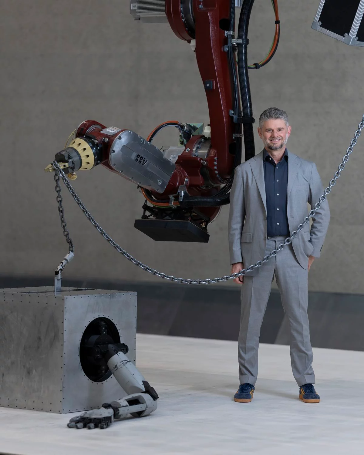 National Gallery of Australia Director, Nick Mitzevich pictured with Jordan Wolfson: Body Sculpture, 2023, National Gallery of Australia Kamberri/Canberra, purchased 2019 © Jordan Wolfson. Photo: Sam Cooper