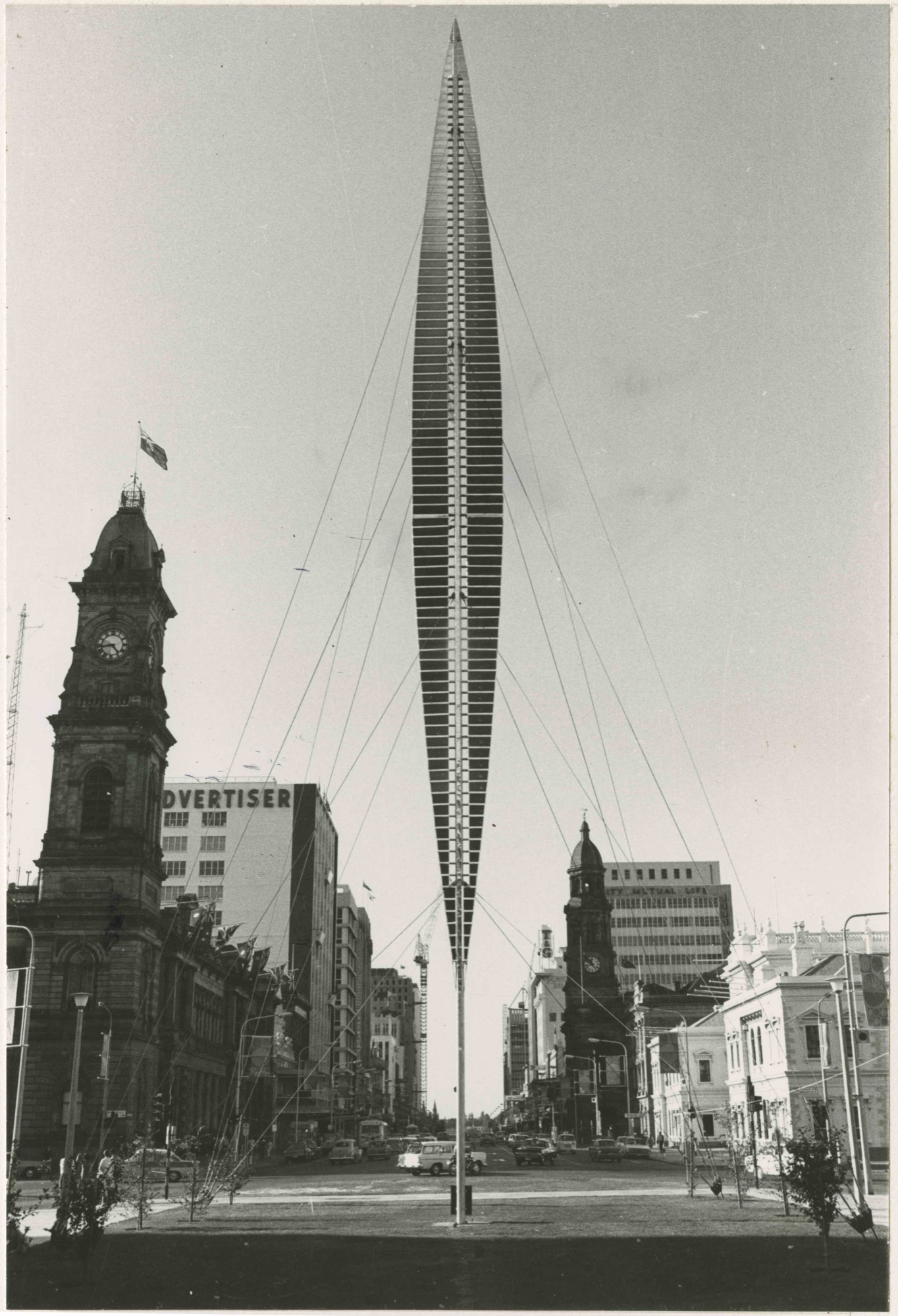 Josef Stanislaw Ostoja-Kotkowski, <em>Chromasonic Tower</em>, 1970, Victoria Square, Adelaide Festival of Arts 1970. Photographer unknown. State Library of South Australia: PRG 919/30/1410. © Estate of J S Ostoja-Kotkowski.