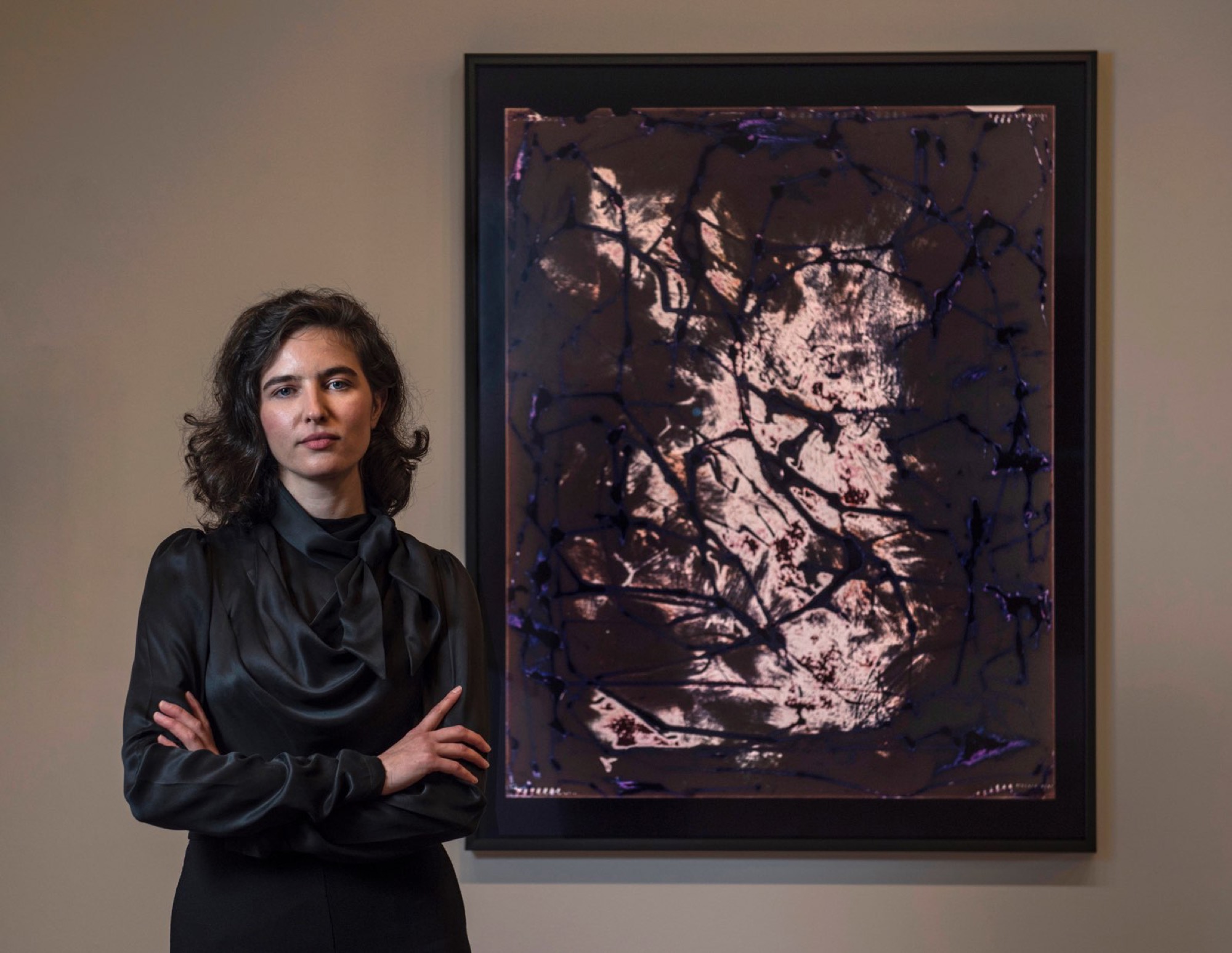 Justine Varga pictured with her winning 2019 Dobell Drawing Prize work Photogenic Drawing (2018). Photo by Peter Morgan, courtesy National Art School.