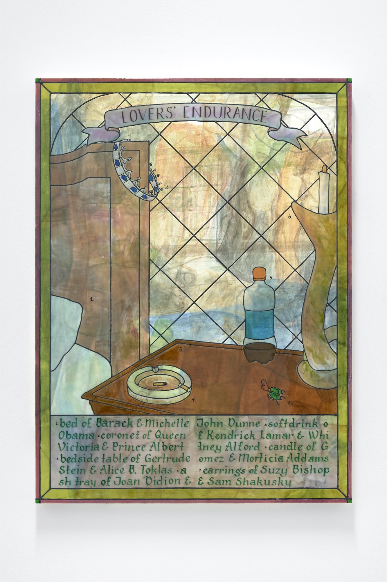 Kaijern Koo, <em>lovers’ endurance</em>, 2020, oil paint, resin, alcohol ink, simulated liquid leading and found objects on plywood and pine, 81 x 60.5 x 4.8cm, Daine Singer. Courtesy of Daine Singer. Photo: Aaron Christopher Rees