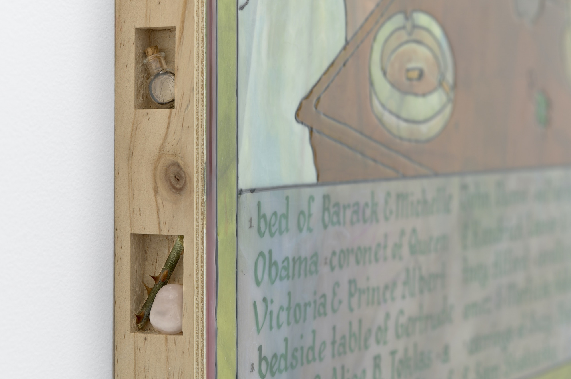 Detail of Kaijern Koo, <em>lovers’ endurance</em>, 2020, oil paint, resin, alcohol ink, simulated liquid leading and found objects on plywood and pine, 81 x 60.5 x 4.8cm, Daine Singer. Courtesy of Daine Singer. Photo: Aaron Christopher Rees