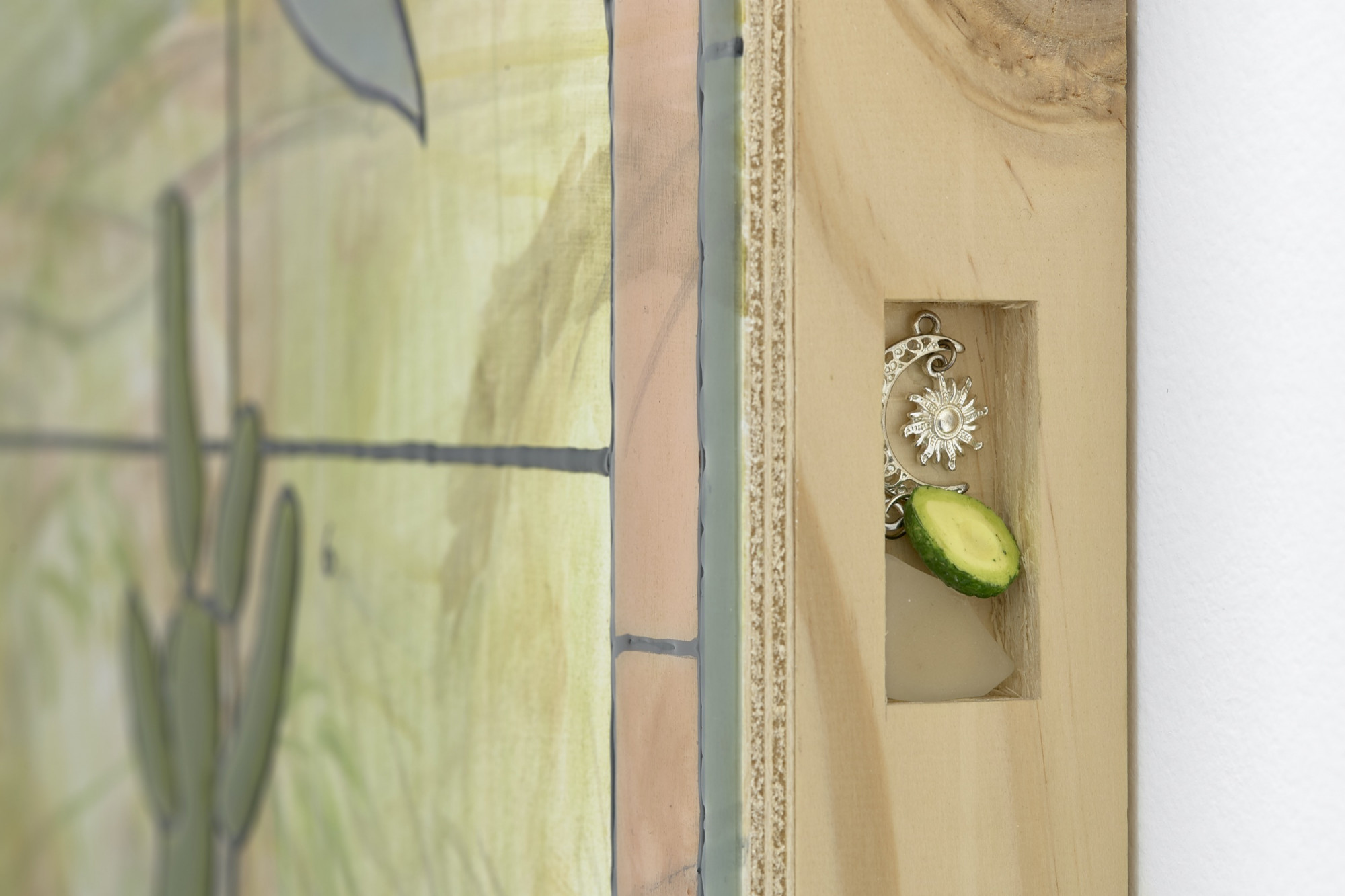 Detail of Kaijern Koo, <em>for yogic fortitude</em>, 2020, oil paint, resin, alcohol ink, simulated liquid leading and found objects on plywood and pine, 81 x 60.5 x 4.8cm, Daine Singer. Courtesy of Daine Singer. Photo: Aaron Christopher Rees.