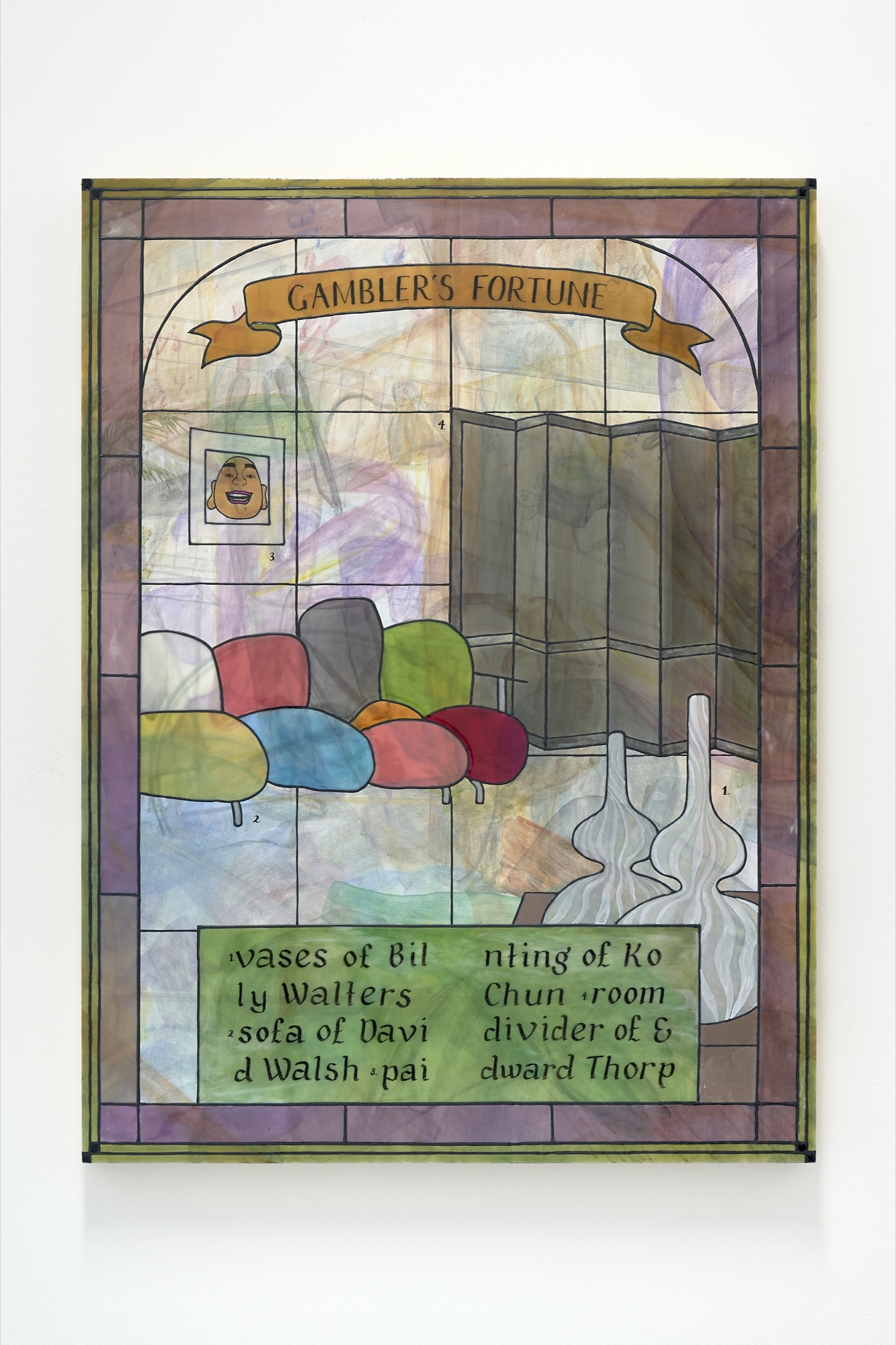Kaijern Koo, <em>gambler’s fortune</em>, 2020, oil paint, resin, alcohol ink, simulated liquid leading and found objects on plywood and pine, 81 x 60.5 x 4.8cm, Daine Singer. Courtesy of Daine Singer. Photo: Aaron Christopher Rees