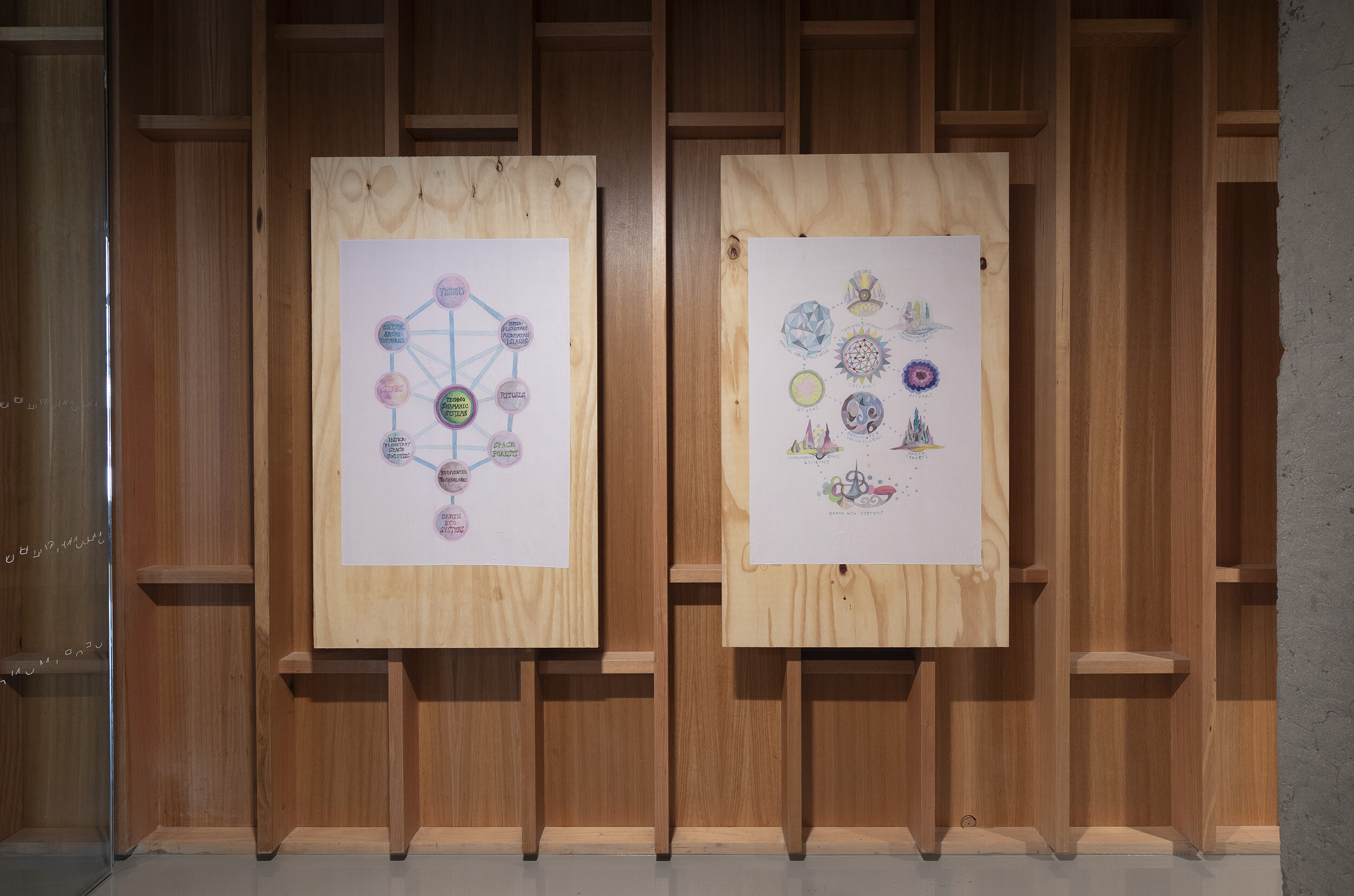 <p><strong>Suzanne Treister</strong>, <strong>left to right:</strong> <em>Tree of Life 01; Tree of Life 02</em> from the series <em>TECHNOSHAMANIC SYSTEMS/Diagrams</em> 2020–23. Installation view, <em>Knowing Otherwise</em>, Monash University Museum of Art, Naarm/Melbourne, 2026. Photo: Christian Capurro.</p>
