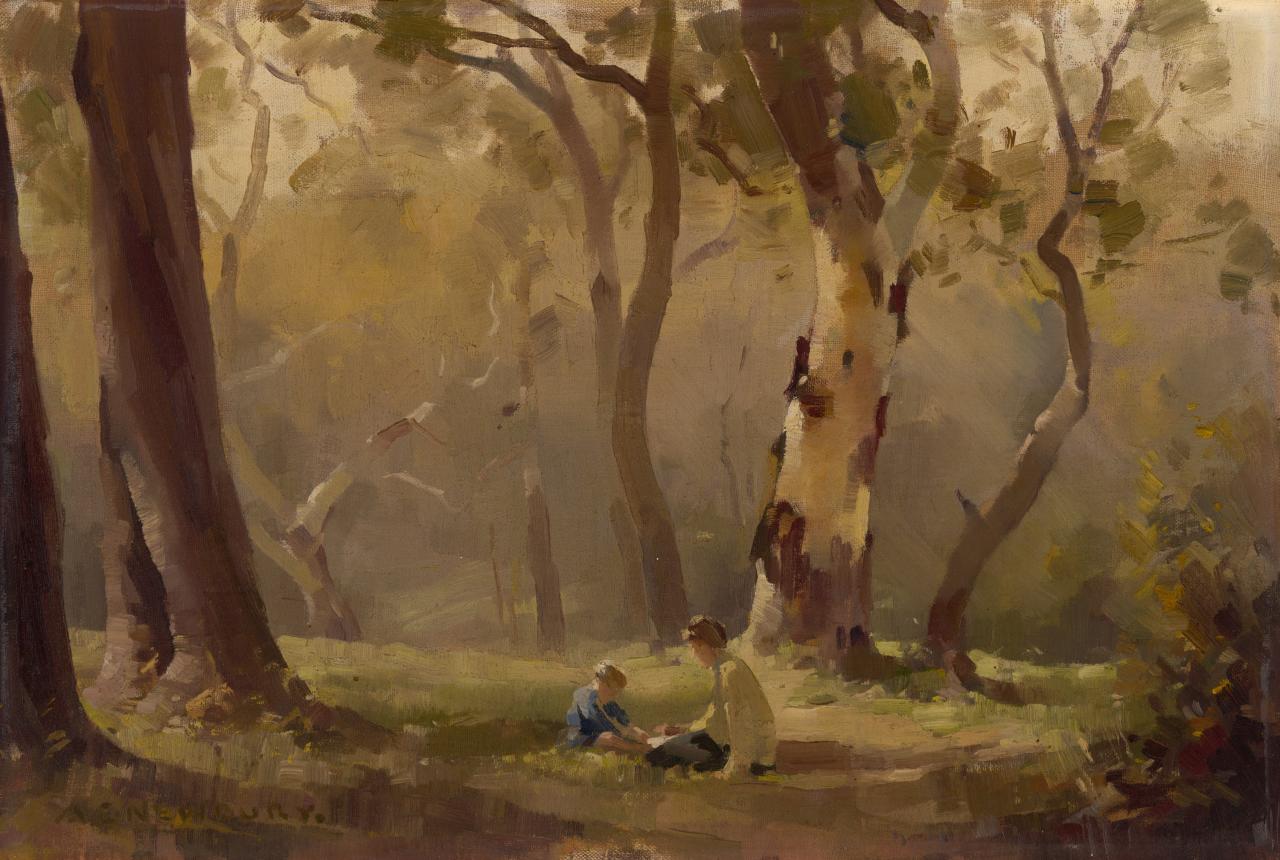 A. E. Newbury, <em>Halfway Rest</em>, 1928, oil on canvas on plywood, 31.2 x 46.3 cm, National Gallery of Victoria. Felton Bequest, 1928.