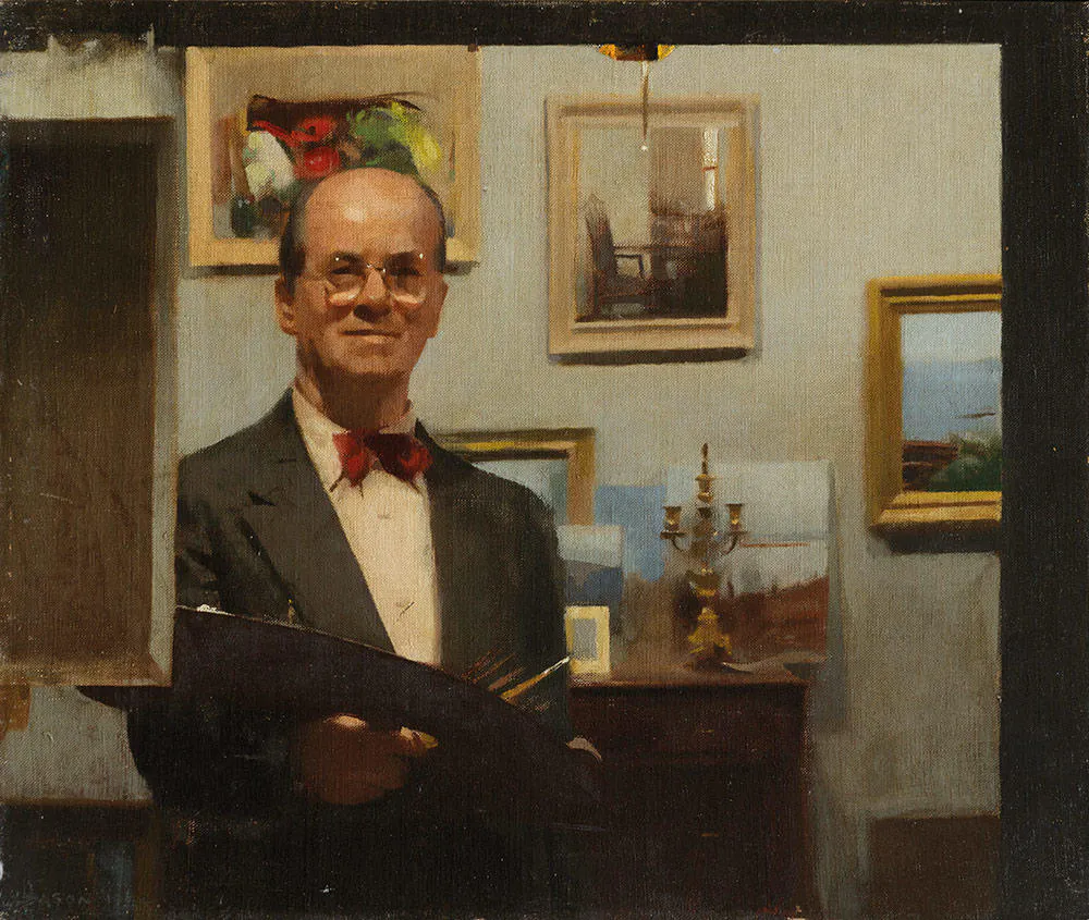 Percy Leason, <em>In the studio</em>, 1954, oil on canvas on board, 38.5 x 45.6 cm, Art Gallery of Ballarat. Gift of Max Leason, 1979. Copyright Estate of the artist.