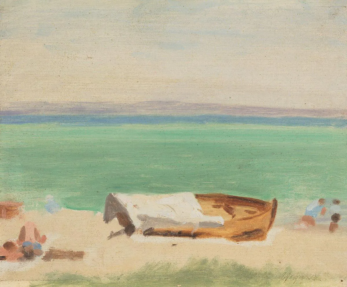 Justus Jorgensen, <em>The beach</em>, circa 1930, oil on canvas mounted on board, 38.0 x 46.0 cm, bequest of Maud Rowe 1937, Art Gallery of Ballarat. Copyright Montsalvat.