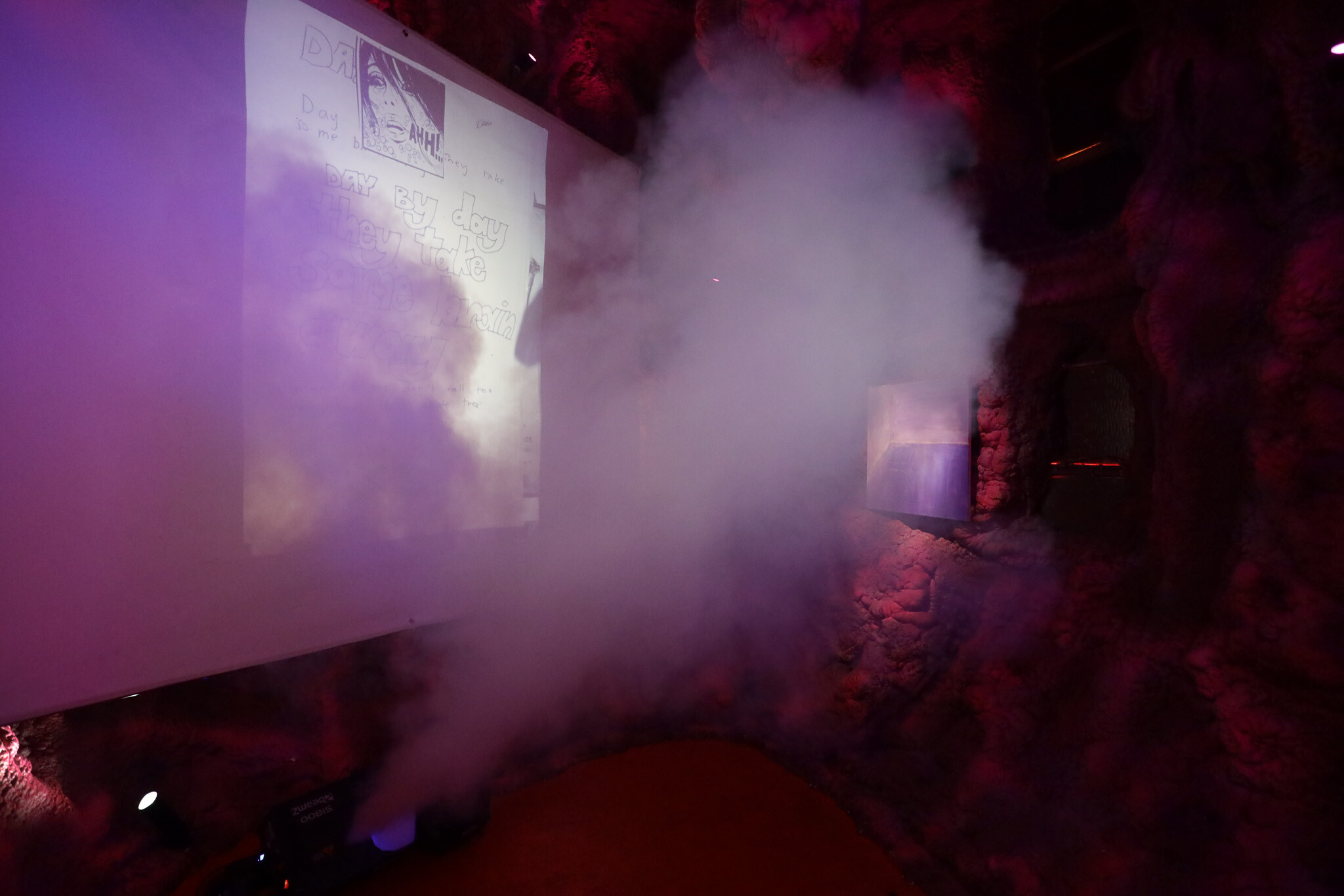 <p>Evie Poggioli, <em>Like Wading Through Honey, </em>2025, 35mm Slide Film (Psych Ward Drawings, Found Images), Projection Reel, Fog machine, 17 Minute Spoken Word Audio, Suicidal Oil Piglet: The Womb. Photo: Joseph Doggett-Williams</p>