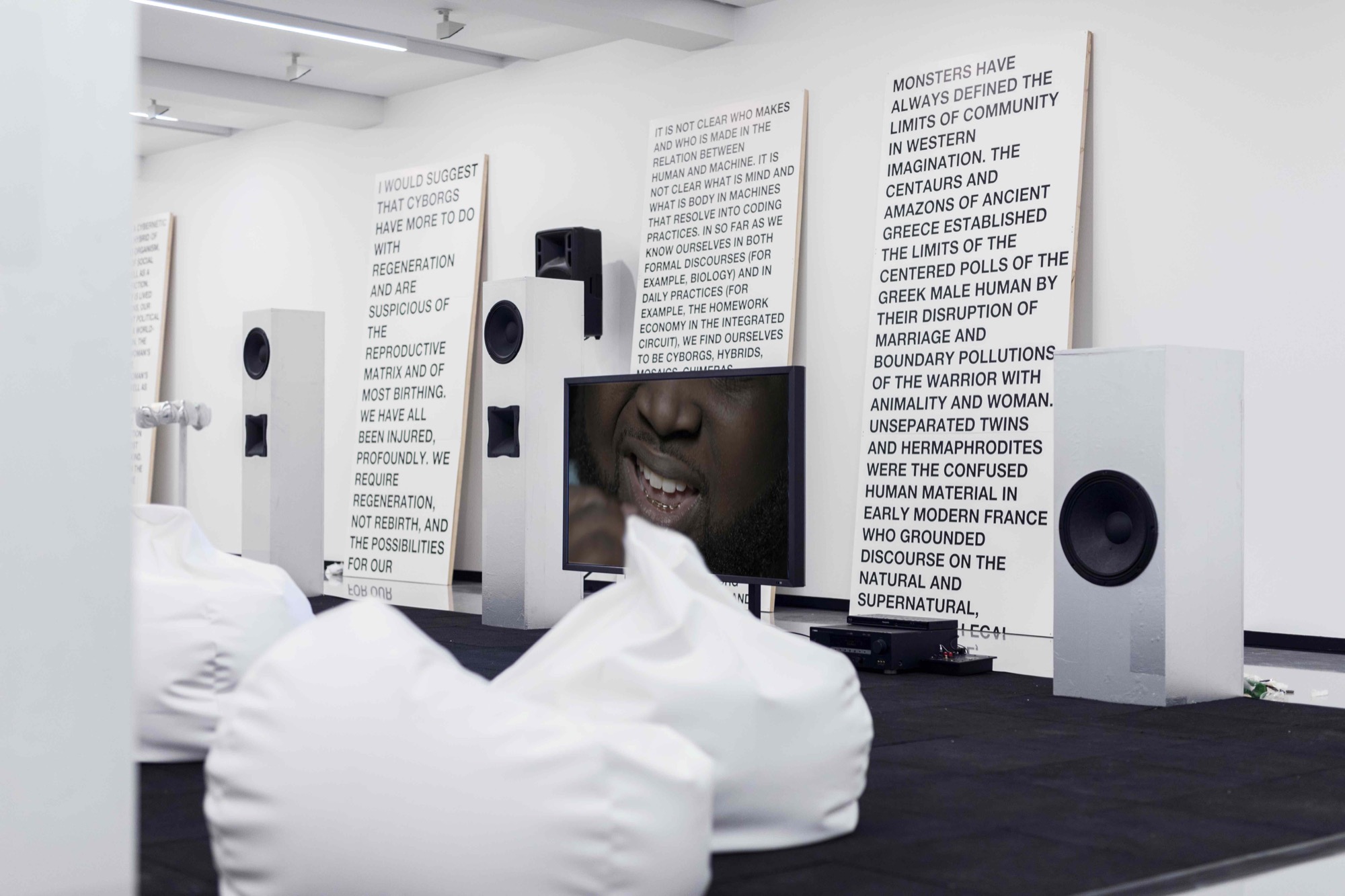 Lili Reynaud-Dewar, <em>TEETH, GUMS, MACHINES, FUTURE, SOCIETY</em>, installation view: Monash University Museum of Art, Melbourne 2018. Photo: Jacqui Shelton.