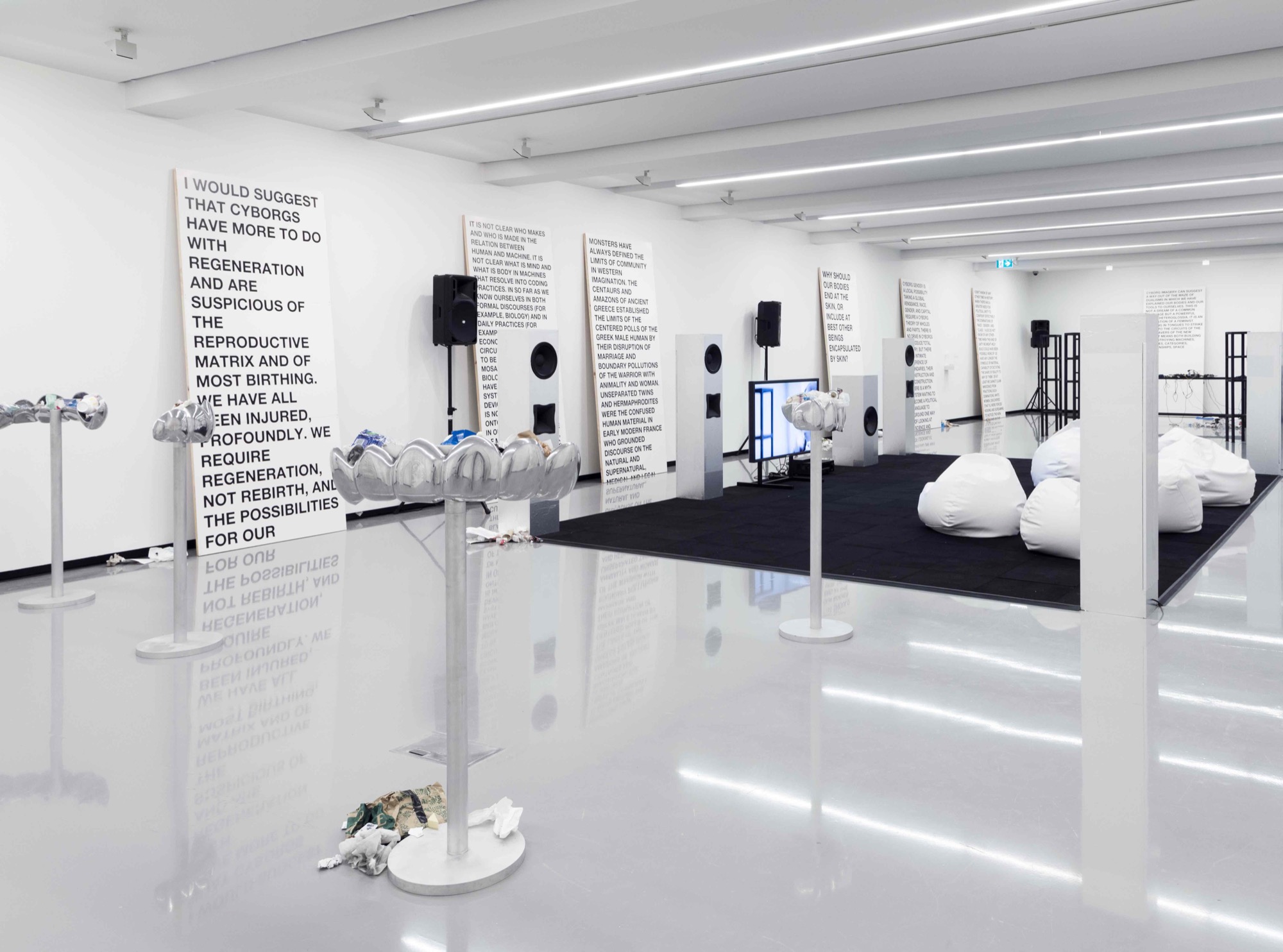 Lili Reynaud-Dewar, <em>TEETH, GUMS, MACHINES, FUTURE, SOCIETY</em>, installation view: Monash University Museum of Art, Melbourne 2018. Photo: Jacqui Shelton.