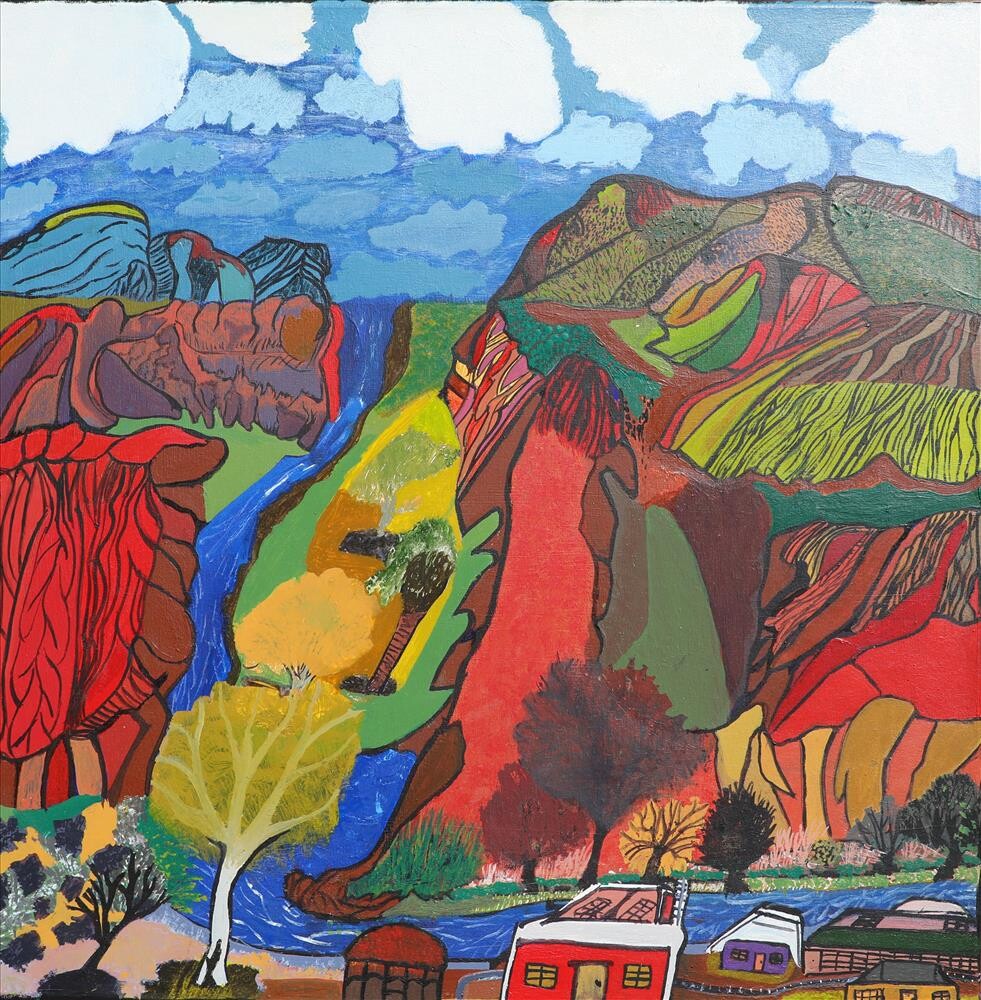 <p>Charles Jangala Inkamala, <em>Glen Helen, Mission Days</em>, 2025, synthetic polymer paint on canvas, 61 x 61 cm, Vivien Anderson Gallery.</p>