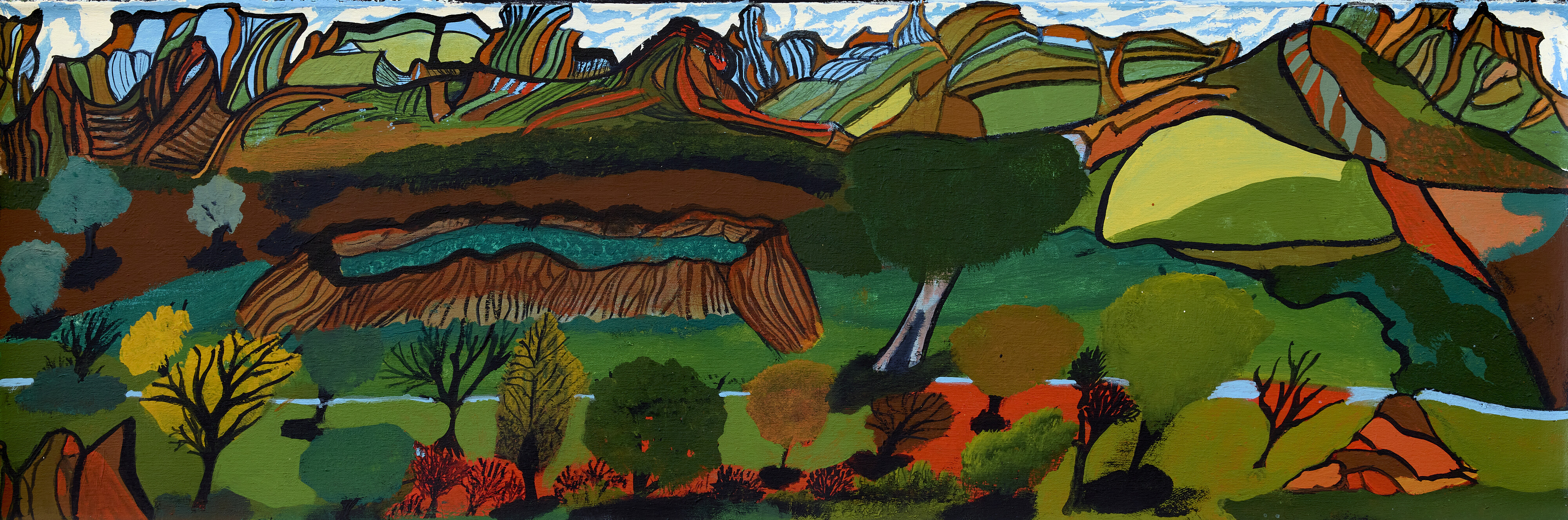 <p>Charles Jangala Inkamala, <em>West of Hermannsburg</em>, 2025, synthetic polymer paint on canvas, 30.5 x 91.5 cm, Vivien Anderson Gallery.</p>