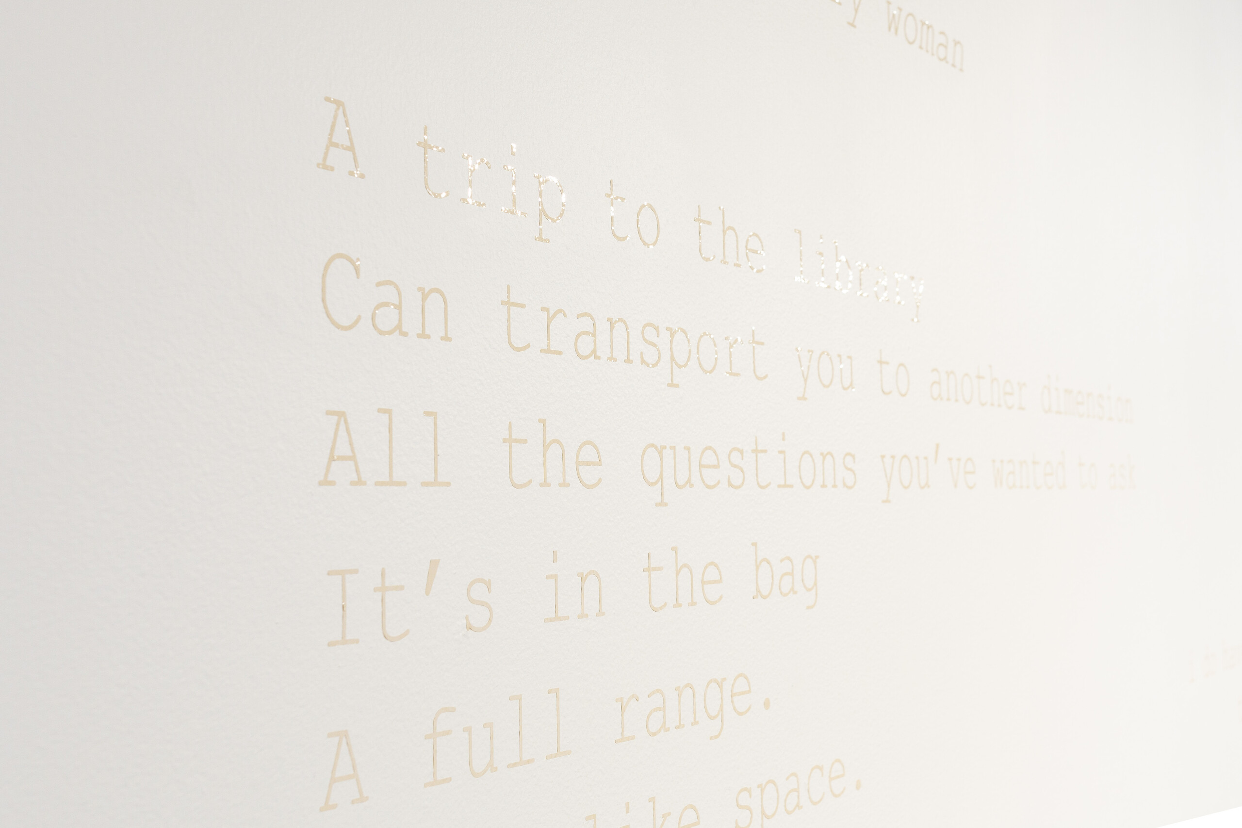 Ellen van Neerven, <em>Library</em>, 2020. Poem, printed on wall vinyl. <em>Linger, Dash, Talk</em> installation view at Cement Fondu. 2023. Photograph: Jessica Maurer