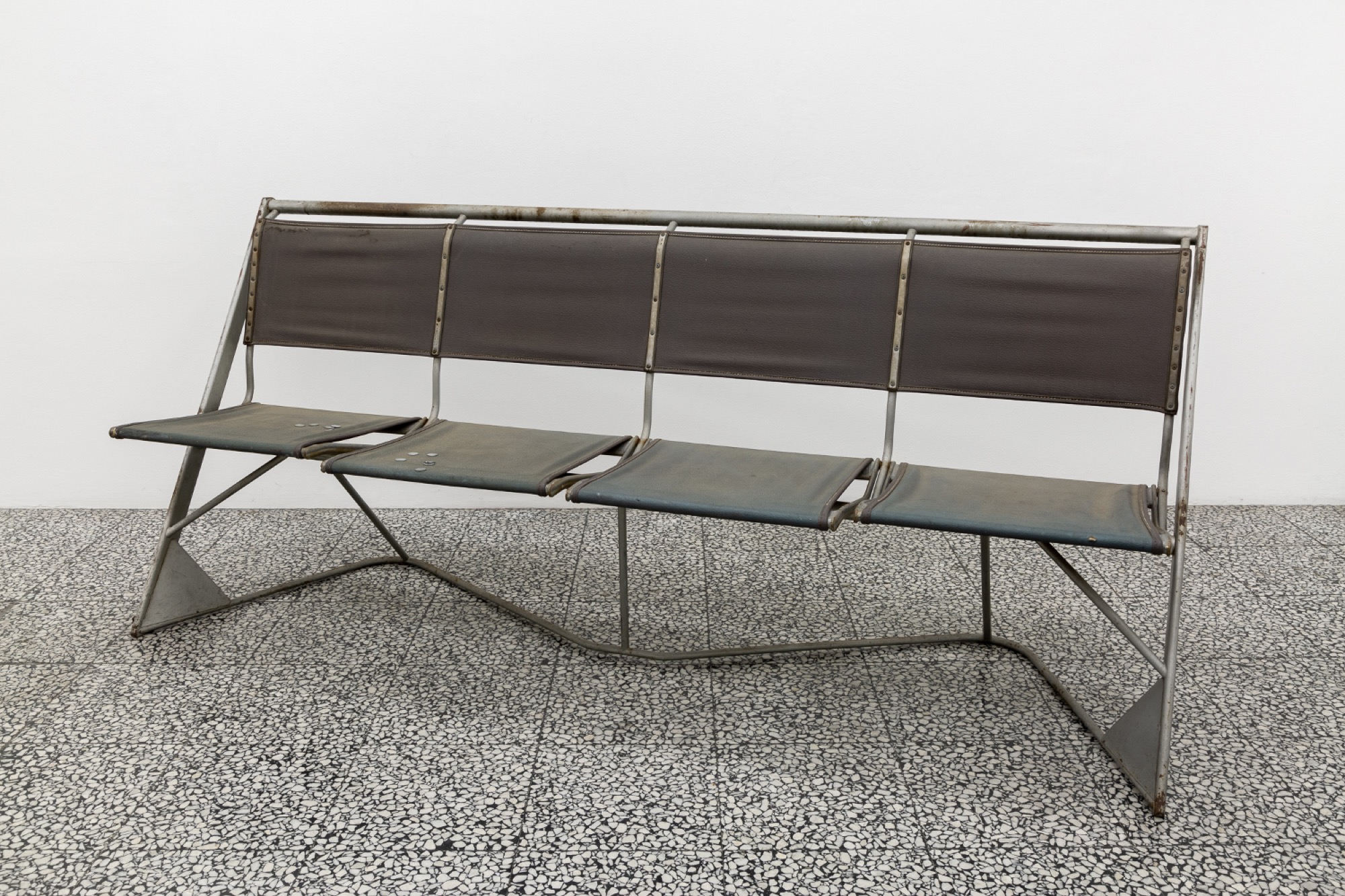 Lucina Lane, <em>Teach the kids to strike</em>, 2018, aluminium, synthetic leather, steel, 84.5 x 201 x 62.5 cm. Photo: Christo Crocker