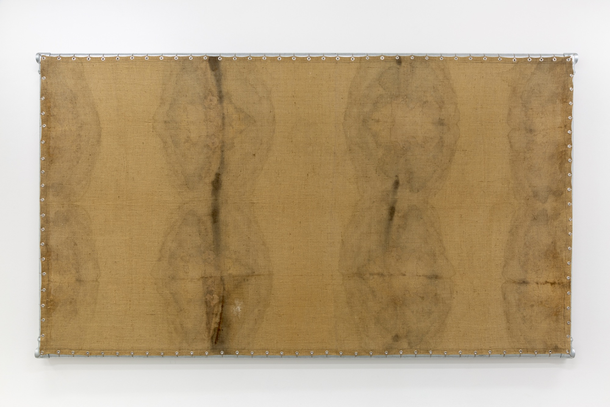 Lucina Lane, <em>Fallow Field</em>, 2018, found hessian, steel scaffolding, 187 x 330 cm. Photo: Christo Crocker