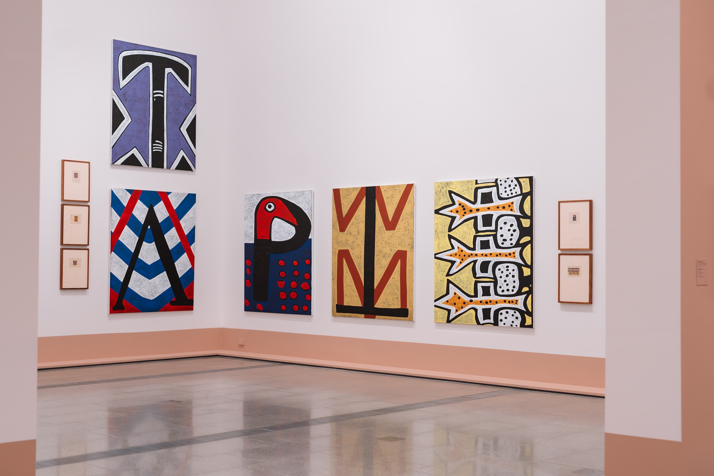 <p>Margaret Preston, <em>Aboriginal Design </em>series (1927) and Gordon Bennett, <em>Home Décor (After Margaret Preston) </em>(2010). Image courtesy National Gallery of Victoria.</p>