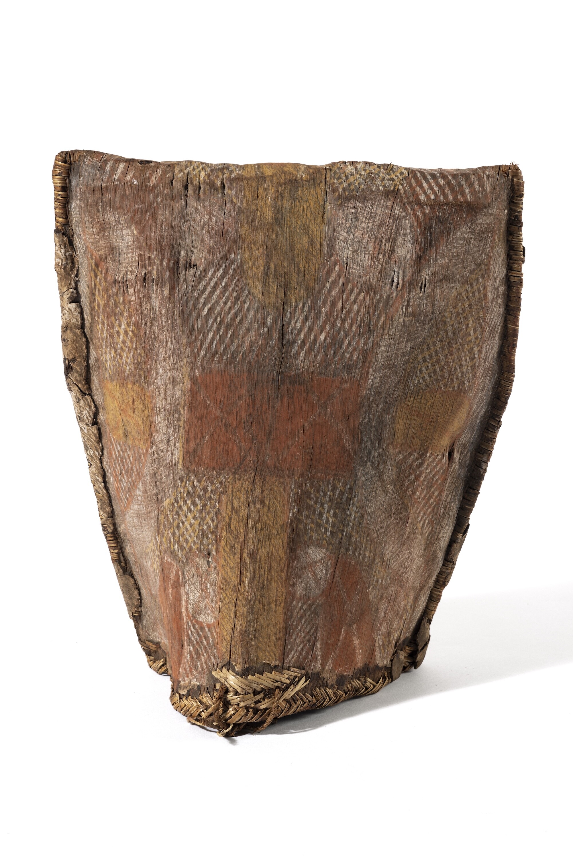 <p>Artist once known, Tunga, bark basket (1940s). Bark, natural fibre, pigments, 66.0 x 45.0 x 32.0 cm. Australian Museum, Sydney.</p>