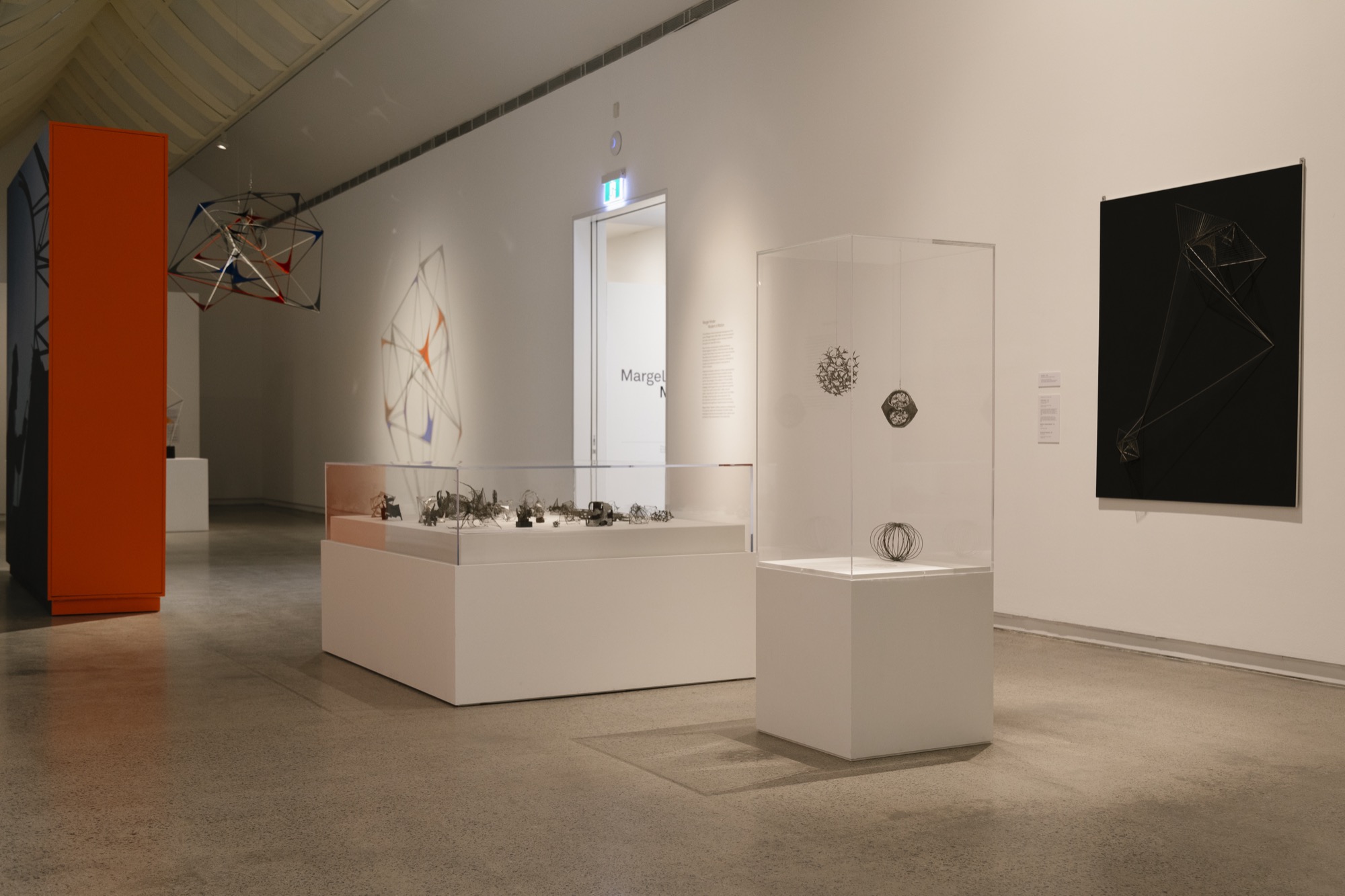 Installation view, Margel Hinder: Modern in Motion, Heide Museum of Modern Art, with 1950s-1960s maquettes for wire and Perspex constructions and mobiles.