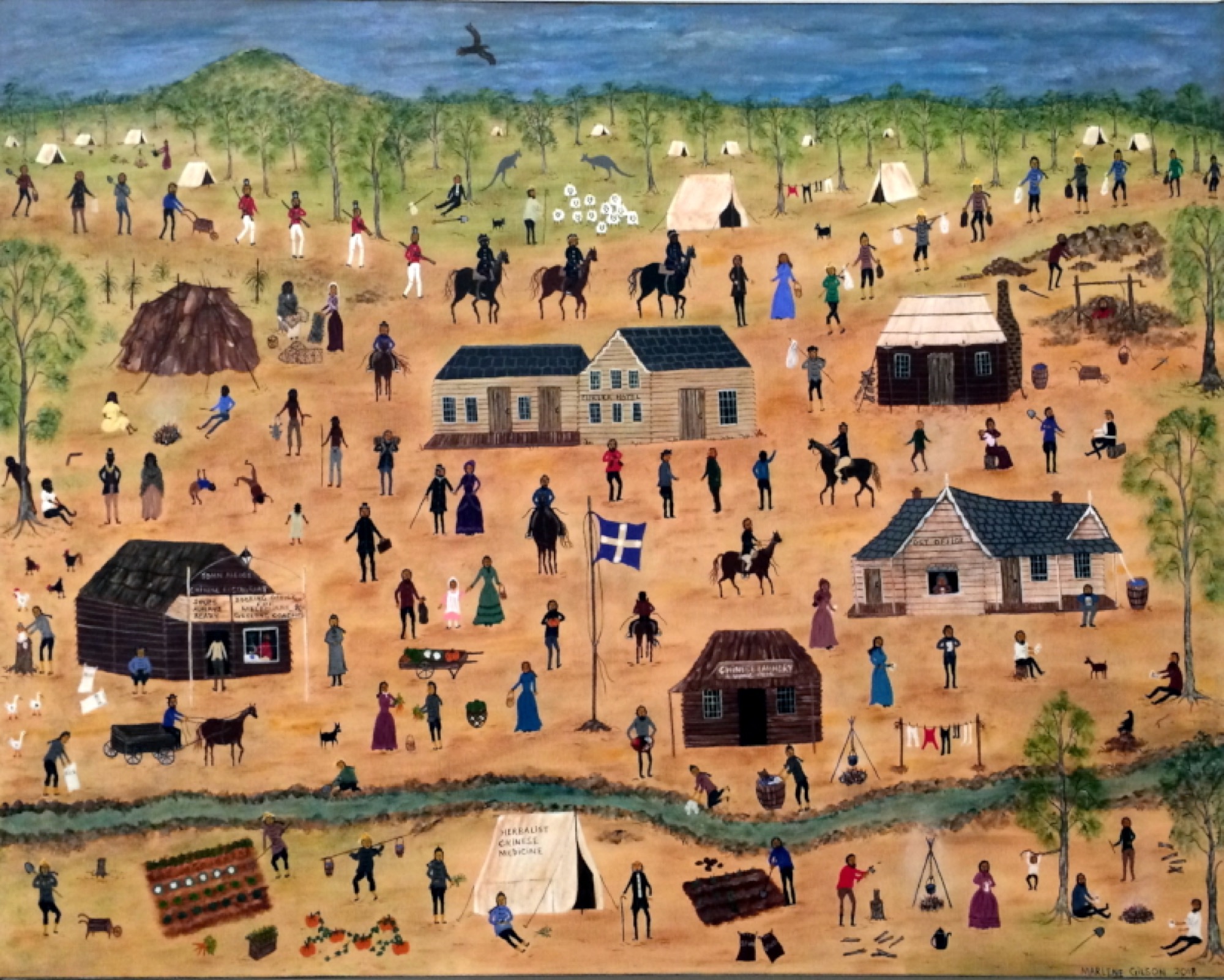 Marlene Gilson, <em>Chinese on the Goldfields</em>, 2018, acrylic on linen. Image courtesy of the Art Gallery of Ballarat. Photo: Peter Freund.
