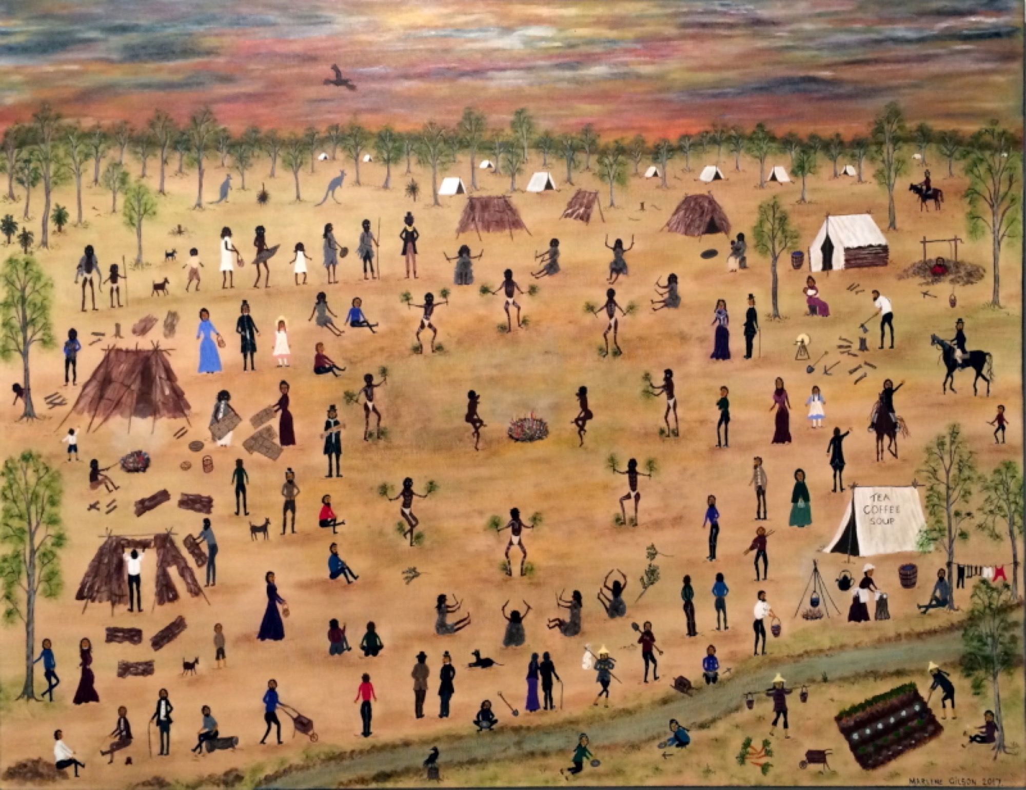 Marlene Gilson, <em>Corroboree</em>, 2018, acrylic on linen. Image courtesy of the Art Gallery of Ballarat. Photo: Peter Freund.