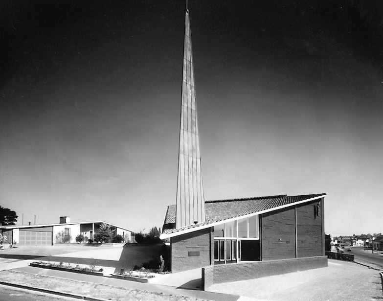 <p>Exterior view of Mary Immaculate Church just after completion circa 1962, photograph by Wolfgang Sievers, <a href="https://www.trustadvocate.org.au/national-trust-calls-for-banyule-council-to-seek-interim-protection-for-mary-immaculate-church-ivanhoe/">courtesy of the National Trust of Australia (Victoria).</a></p>