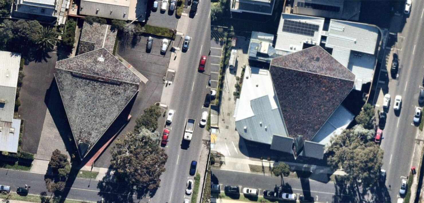 <p>Aerial view of the church prior to renovations in 2020 (left) and post-renovation in 2023 (right). Courtesy of <a href=