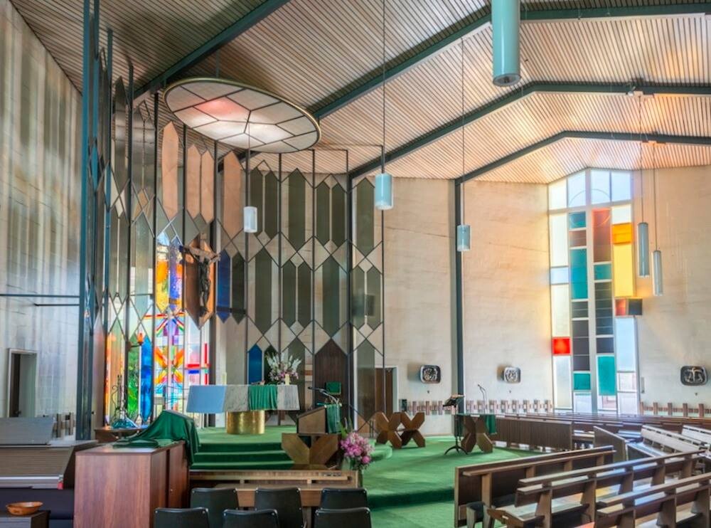 <p>John Mockridge’s original sanctuary screen was removed as part of the renovation. Photograph by Paul Atkinson, courtesy of the <a href="https://www.trustadvocate.org.au/national-trust-calls-for-banyule-council-to-seek-interim-protection-for-mary-immaculate-church-ivanhoe/">National Trust of Australia (Victoria)</a>.</p>