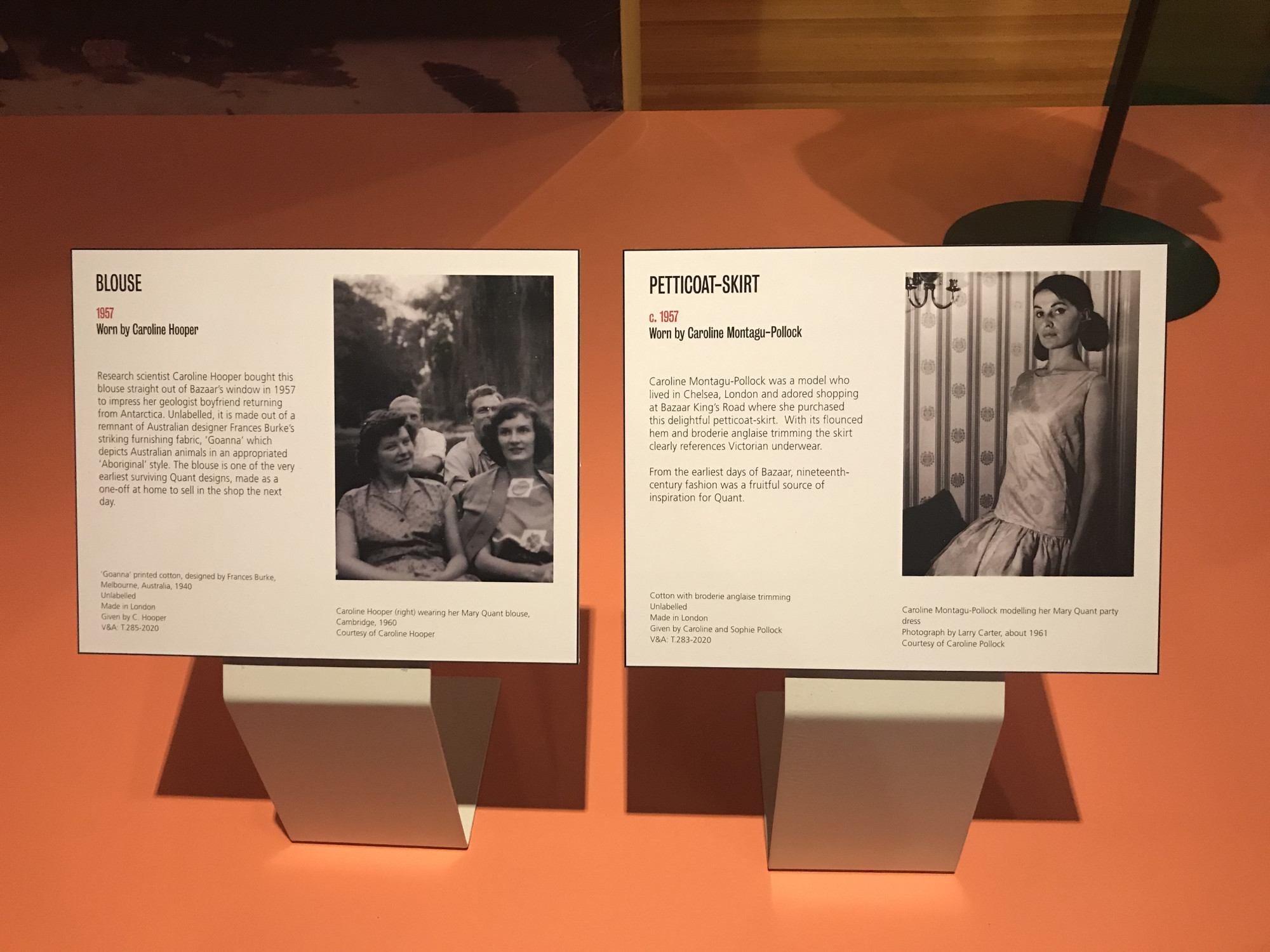 Closeup of labels from <em>Mary Quant: Fashion Revolutionary</em>, Bendigo Art Gallery, 2021. Photo: Michelle Guo