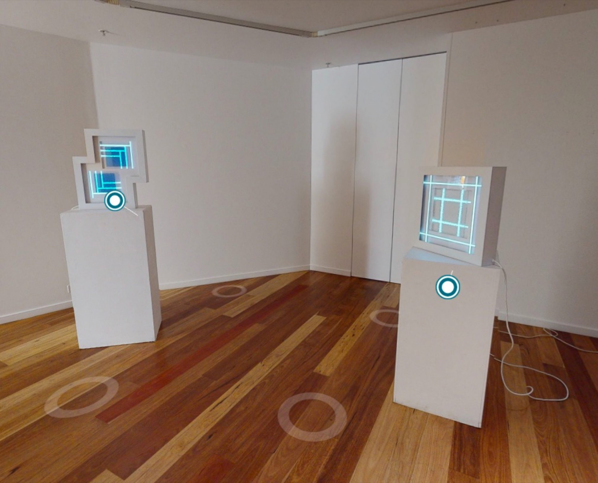 Meagan Streader, A Window is a Square Horizon, 2020. Screenshot of virtual exhibition experience. (left to right) Meagan Streader, Blue, parquetry, 2020. Ripple glass, electroluminescent tape, aluminium, enamel, acrylic, foam core, electronic components, 60 x 50 x 10 cm; Meagan Streader, Tower, tunnel, 2020. Ripple glass, electroluminescent tape, aluminium, enamel, acrylic, foam core, electronic components, 50 x 50 x 10 cm.