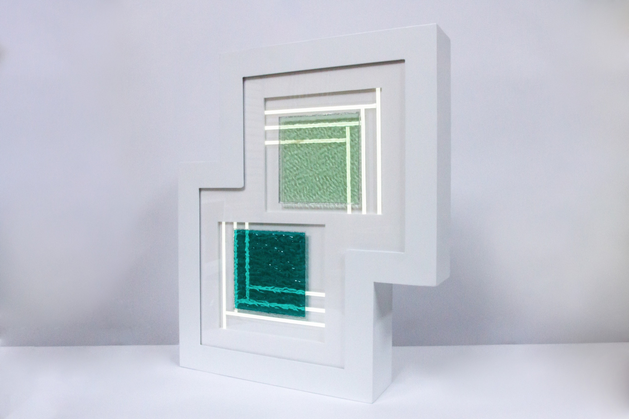 Meagan Streader, Green, parquetry, 2020. Ripple glass, electroluminescent tape, aluminium, enamel, acrylic, foam core, electronic components, 60 x 50 x 10 cm.