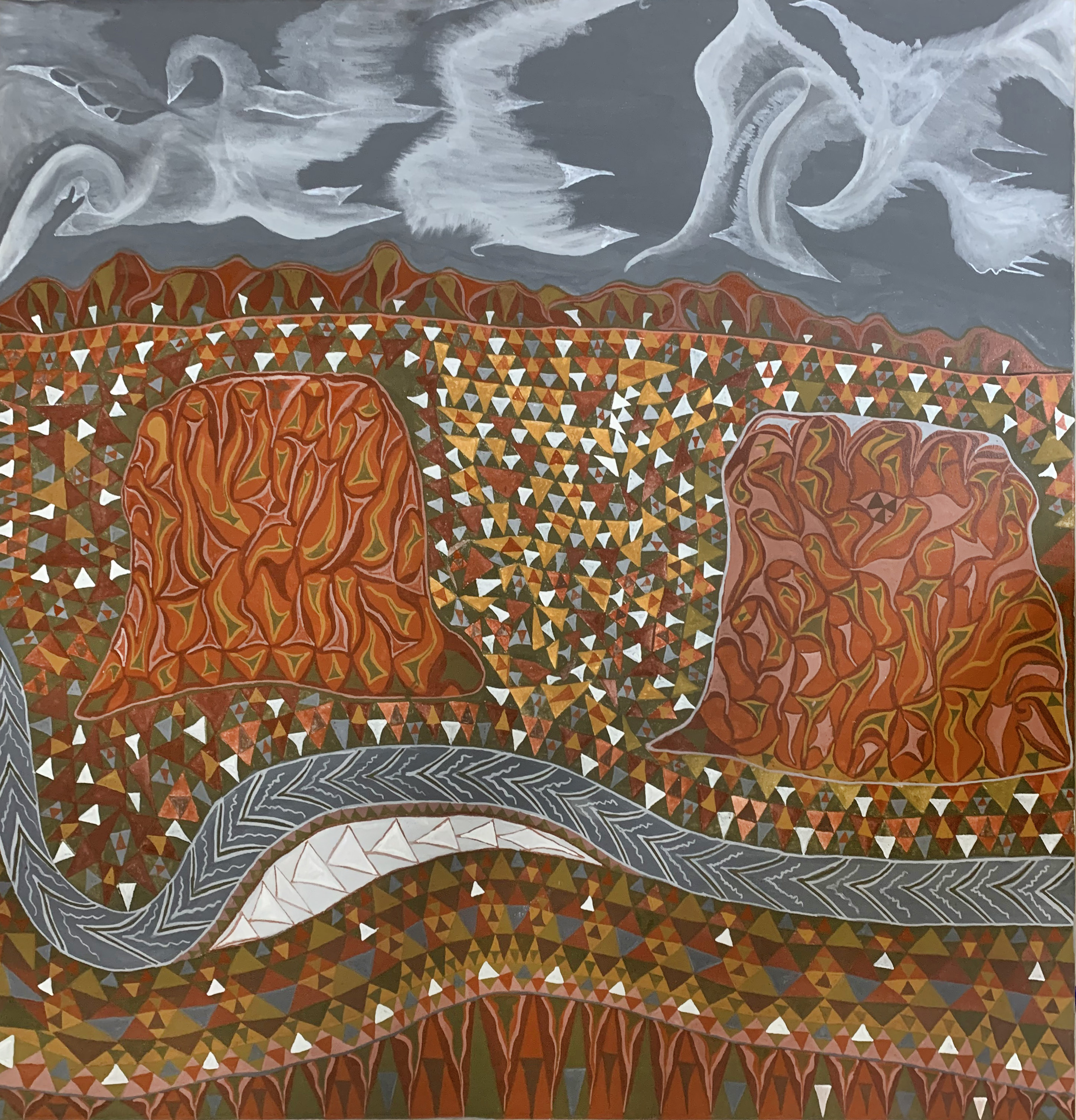 Ben Galmirrl Ward, <em>Boolgoormirri and Jigoomirri</em>, 2022, natural pigment on canvas, 130 x 125 cm. Photo: Waringarri Aboriginal Arts
