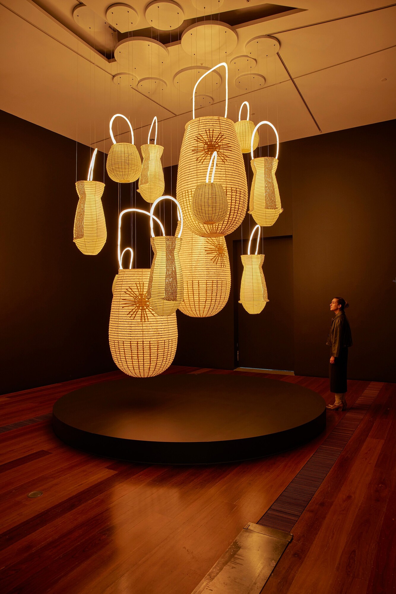 Installation view of Jenna Lee and Kojima Shouten’s <em>Balarr (To become light)</em> 2023 on display as part of the Melbourne Now exhibition at The Ian Potter Centre: NGV Australia, Melbourne from 24 March to 20 August 2023. Photo: Sean Fennessy