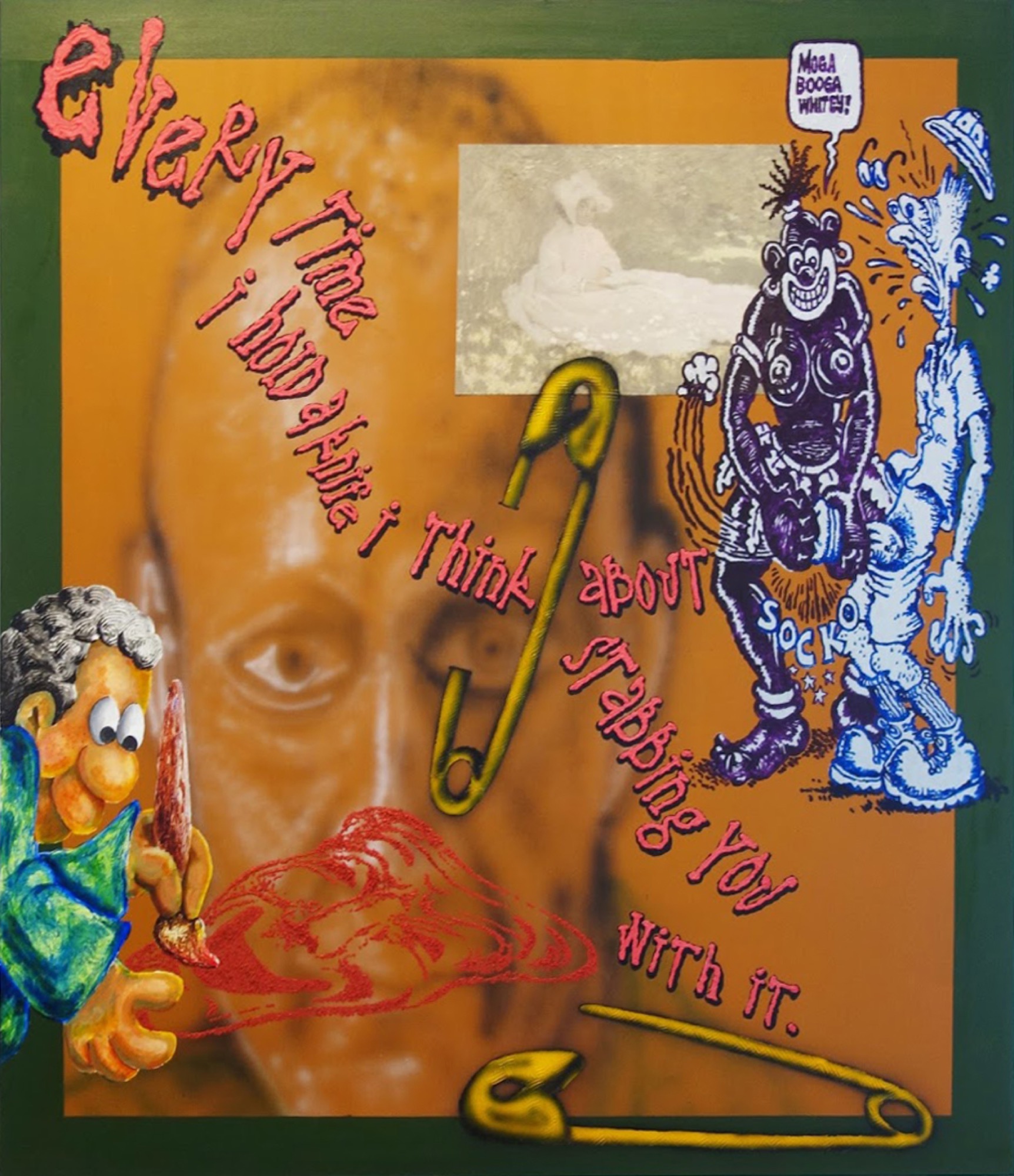 Zac Segbedzi, <em>A Lil Painting For Daddy, In Grampys Lil Gallery (Bastard Painting). Message to future black artists in Australia: Australian art is about violent erasure and obfuscation of colonial guilt…dont believe anyone who says they 'support black artists'. They wanna collect you like pokemon. THEY dont want you to be successful…. Its like 'lol, duh!?' but im still here in this fucking shithole getting yelled at and withheld from by these fucking people.^^ what Aurelia said….</em>, digital print, airbrush, acrylic on cotton, 2016