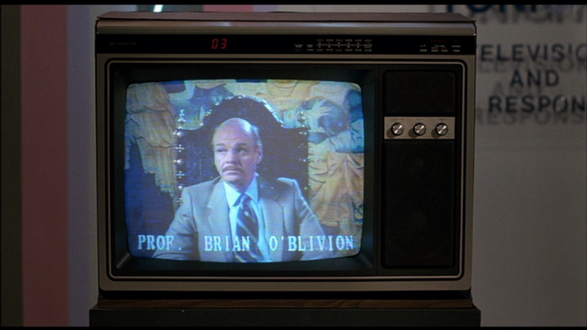 Professor Brian O’Blivion in David Cronenberg’s <em>Videodrome</em> (1983).