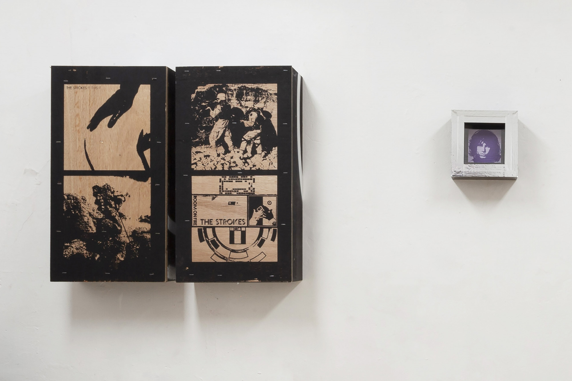 Liam Osborne, <em>2003 (ROOM ON FIRE + IRAQ)</em> and <em>2001 (IS THIS IT? + AGHANISTAN)</em> (left), 2021, Silk screen on Lauane, Ply, <em>JIM MORRISON</em> (right), 2021, Blotter Paper, Offset Print, Form Ply Adhesive tape, Meow2. Photo: Courtesy of the artist.