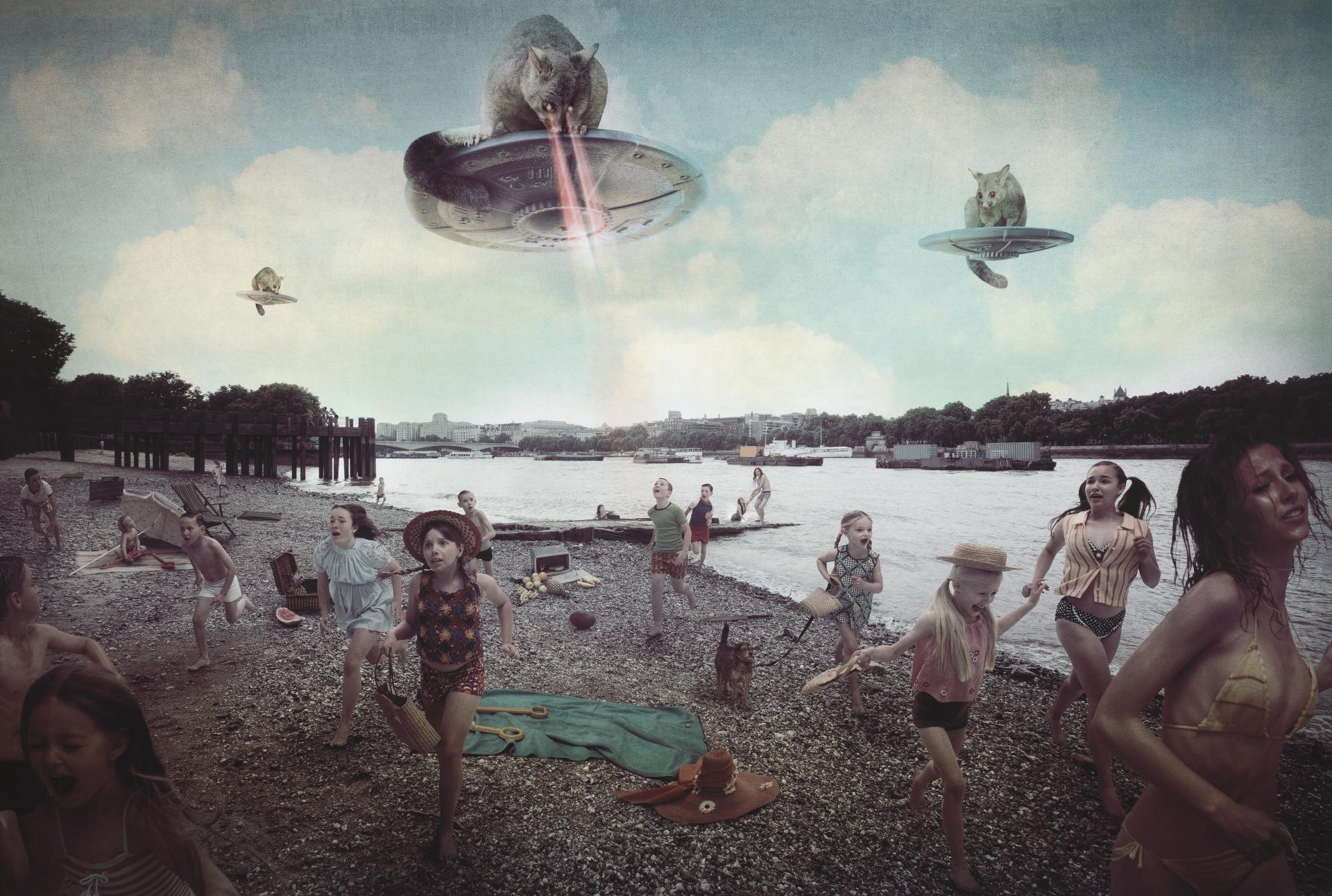 Michael Cook, <em>Invasion, UFO Possums</em>, 2018, inkjet print, 135 x 200 cm, National Gallery of Victoria, Melbourne. Purchased Victorian Association for Living Australian Artists, 2018.