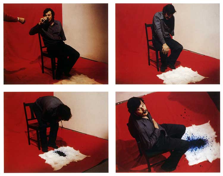 Mike Parr, <em>The Emertics (Primary Vomit) I am Sick of Art (Red, Yellow, Blue), Blue</em>. Performed at Watters Gallery, Darlinghurst, Sydney, 1977. Photo: John Delacour