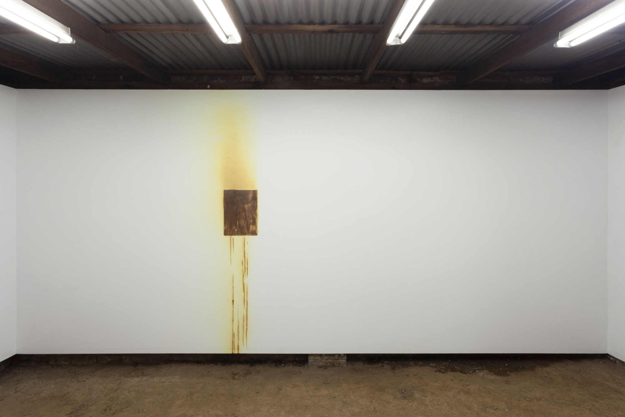 Installation view of Stephen Bram, <em>Unstable painting</em>, 1991/2022, ammonia, iodine and acrylic paint on canvas board, 406 × 305 mm. Courtesy of Guzzler.